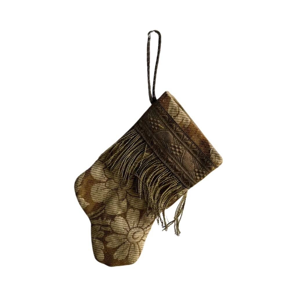 Handmade Mini Stocking from Antique Textiles - Metallic Bronze and Cream Floral Ornament B. Viz Design B 