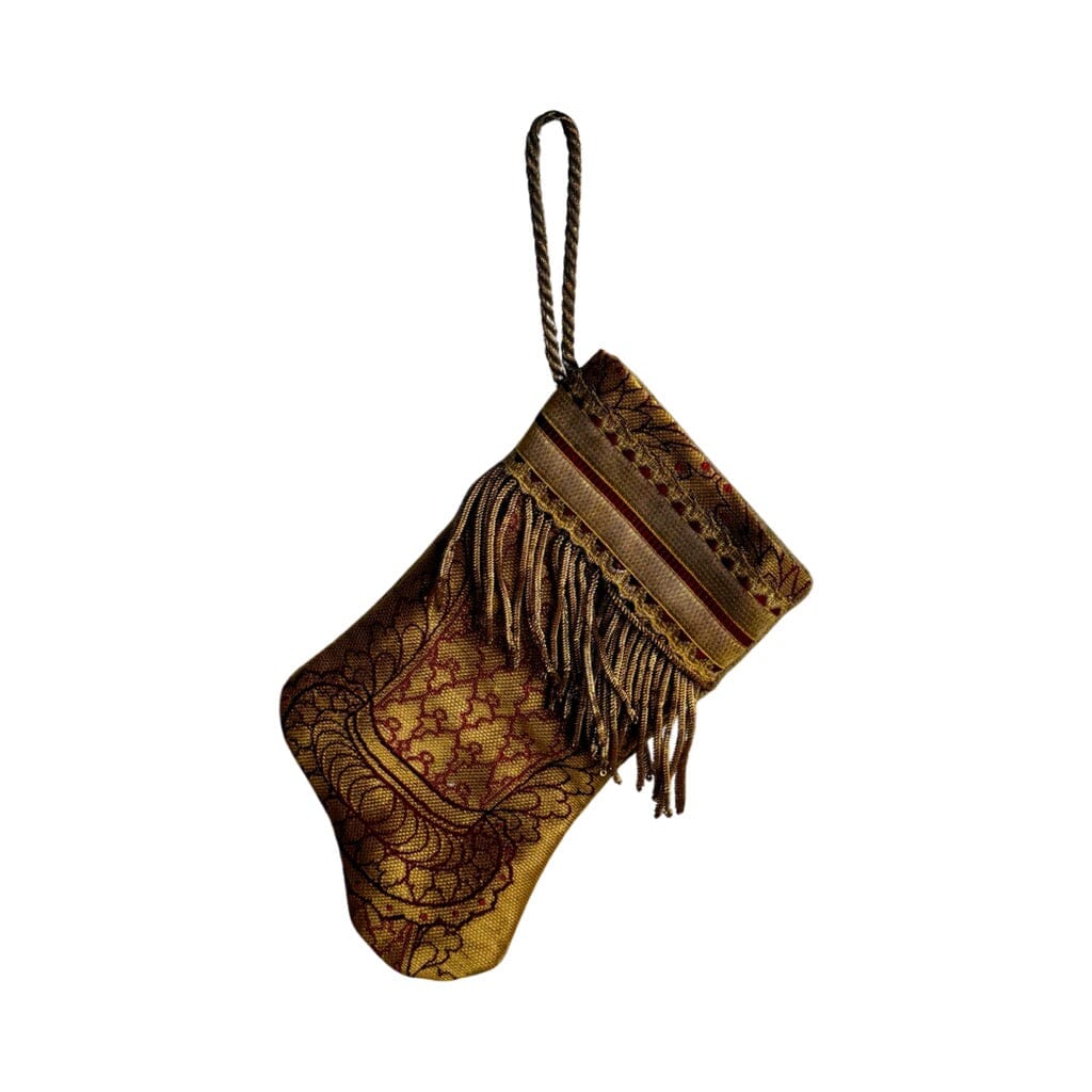 Handmade Mini Stocking from Antique Textiles - Metallic Gold with Red Ornament B. Viz Design A 