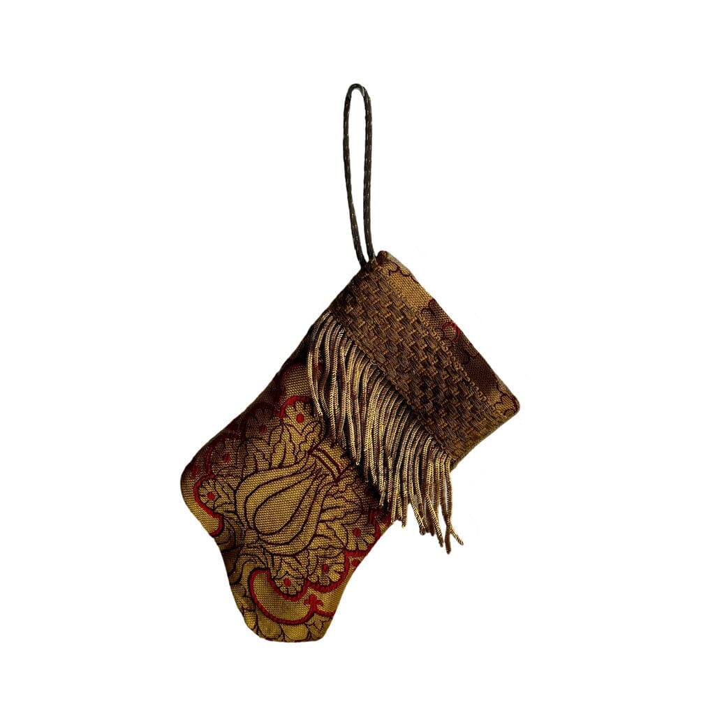 Handmade Mini Stocking from Antique Textiles - Metallic Gold with Red Ornament B. Viz Design C 