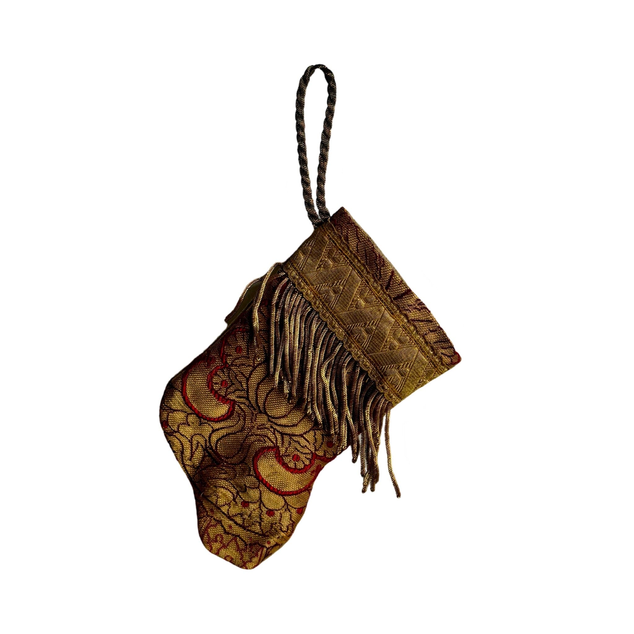 Handmade Mini Stocking from Antique Textiles - Metallic Gold with Red Ornament B. Viz Design D 