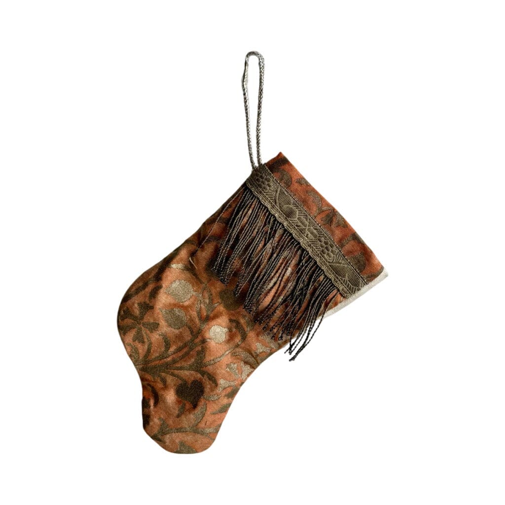 Handmade Mini Stocking from Antique Textiles - Orange and Bronzed Silver Fortuny Ornament B. Viz Design A 