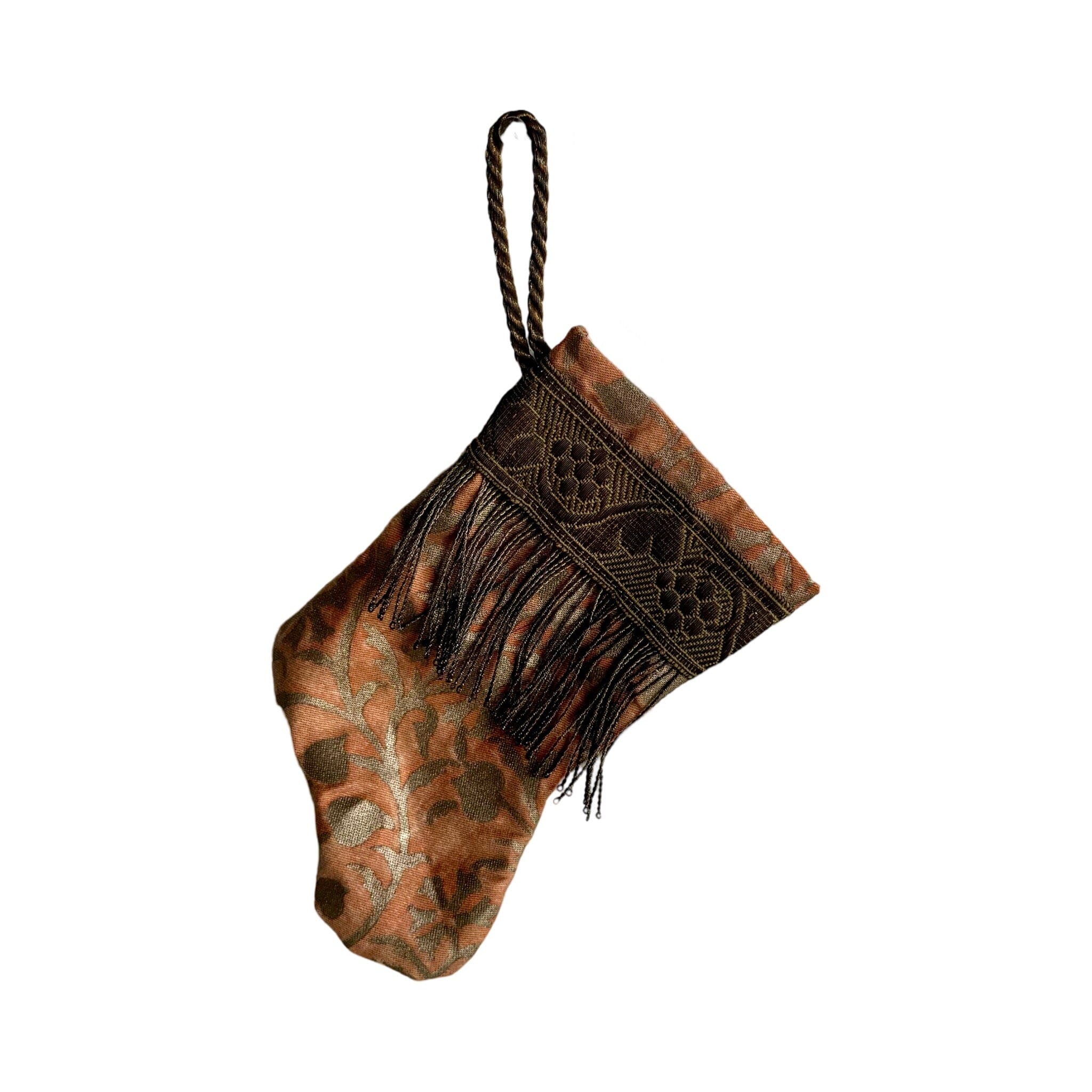 Handmade Mini Stocking from Antique Textiles - Orange and Bronzed Silver Fortuny Ornament B. Viz Design C 