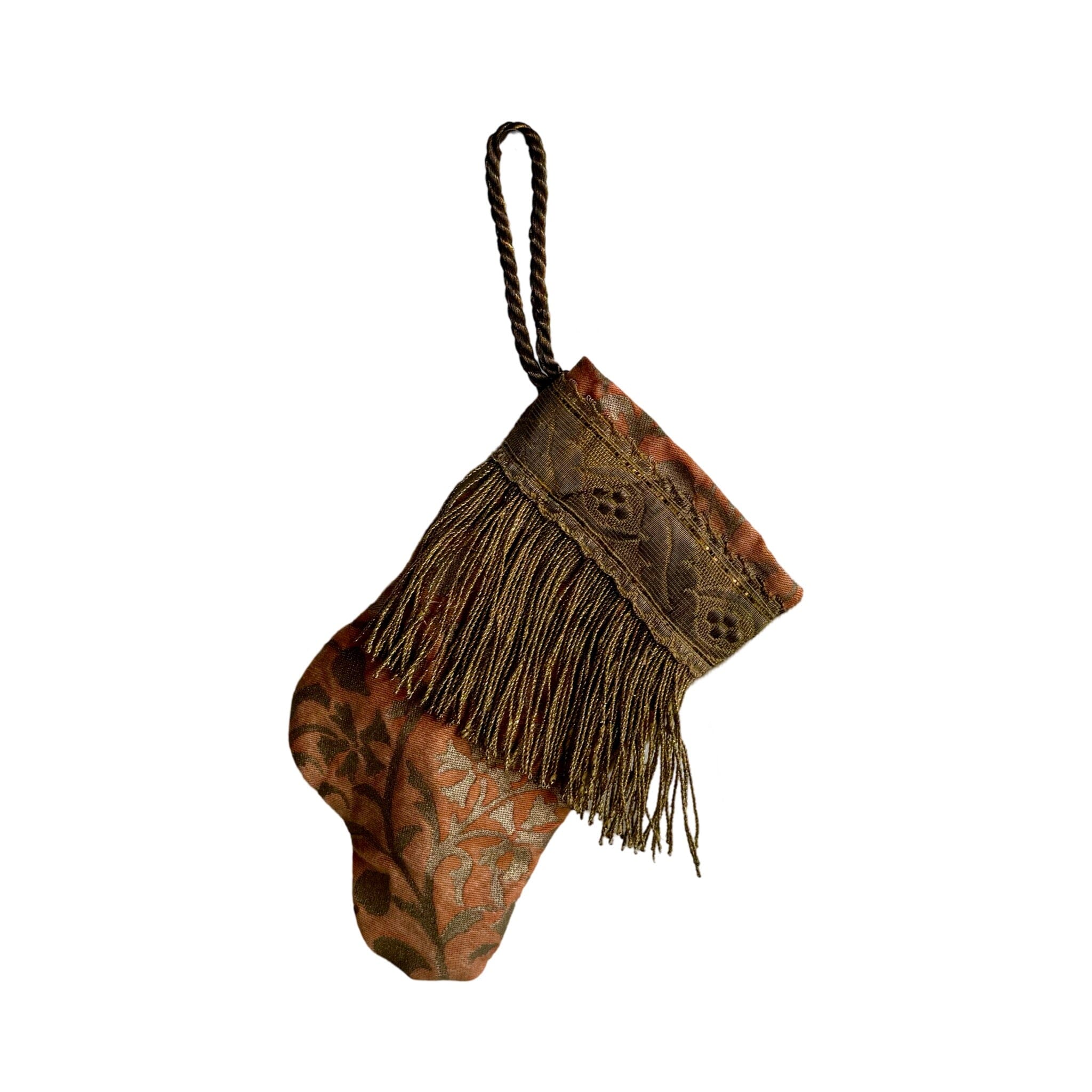 Handmade Mini Stocking from Antique Textiles - Orange and Bronzed Silver Fortuny Ornament B. Viz Design H 