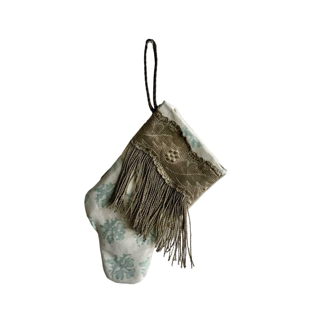 Handmade Mini Stocking from Antique Textiles - Paled Turquoise and White Fortuny Ornament B. Viz Design B 