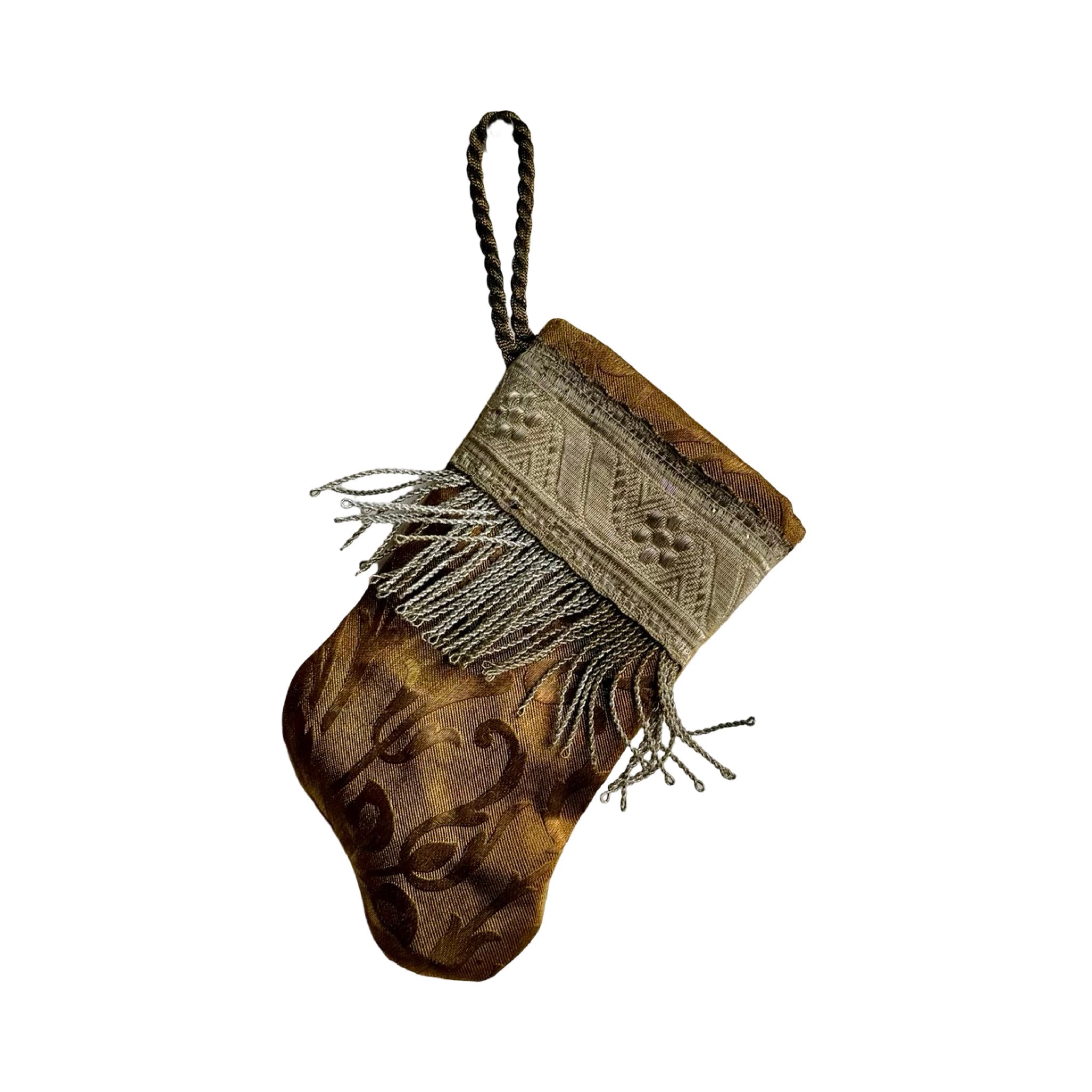 Handmade Mini Stocking from Antique Textiles - Warm Gold Ornament B. Viz Design E 