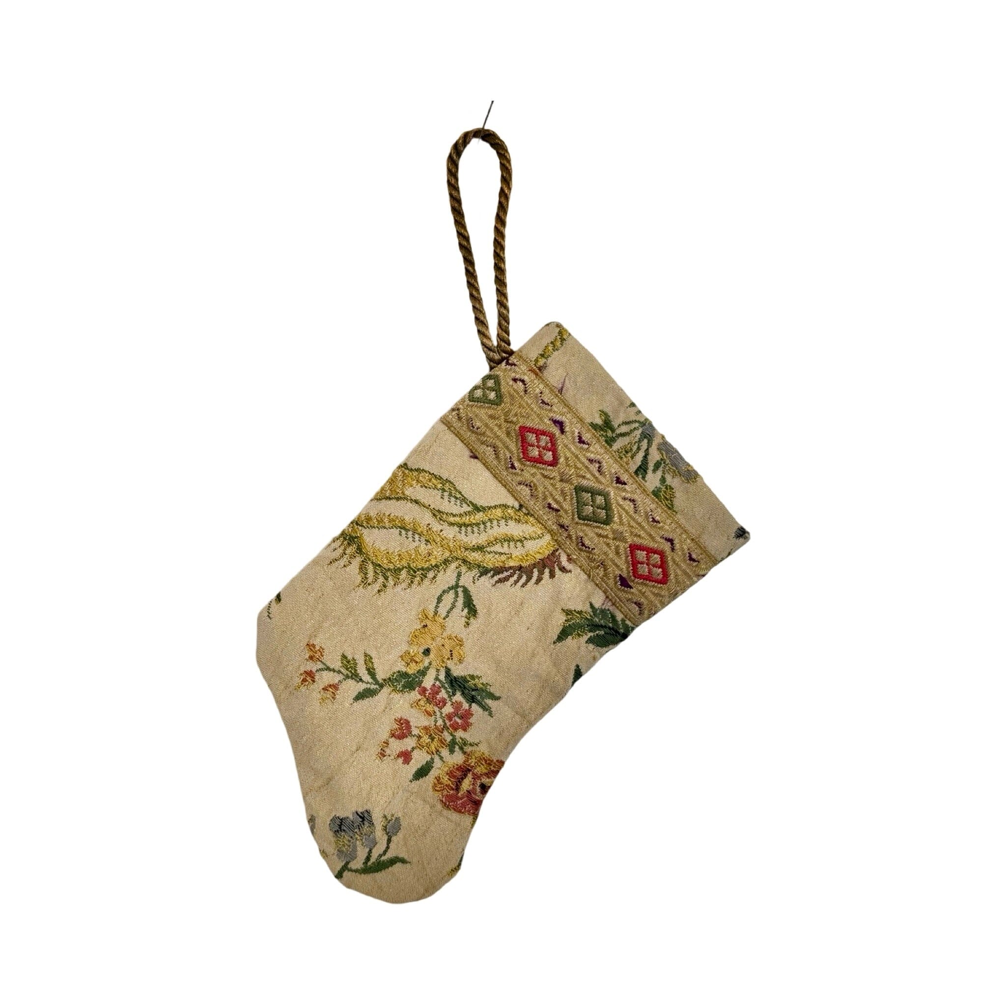 Handmade Mini Stocking Made From Vintage Fabric and Trims- Antique Sand Floral Ornament B. Viz Design B 