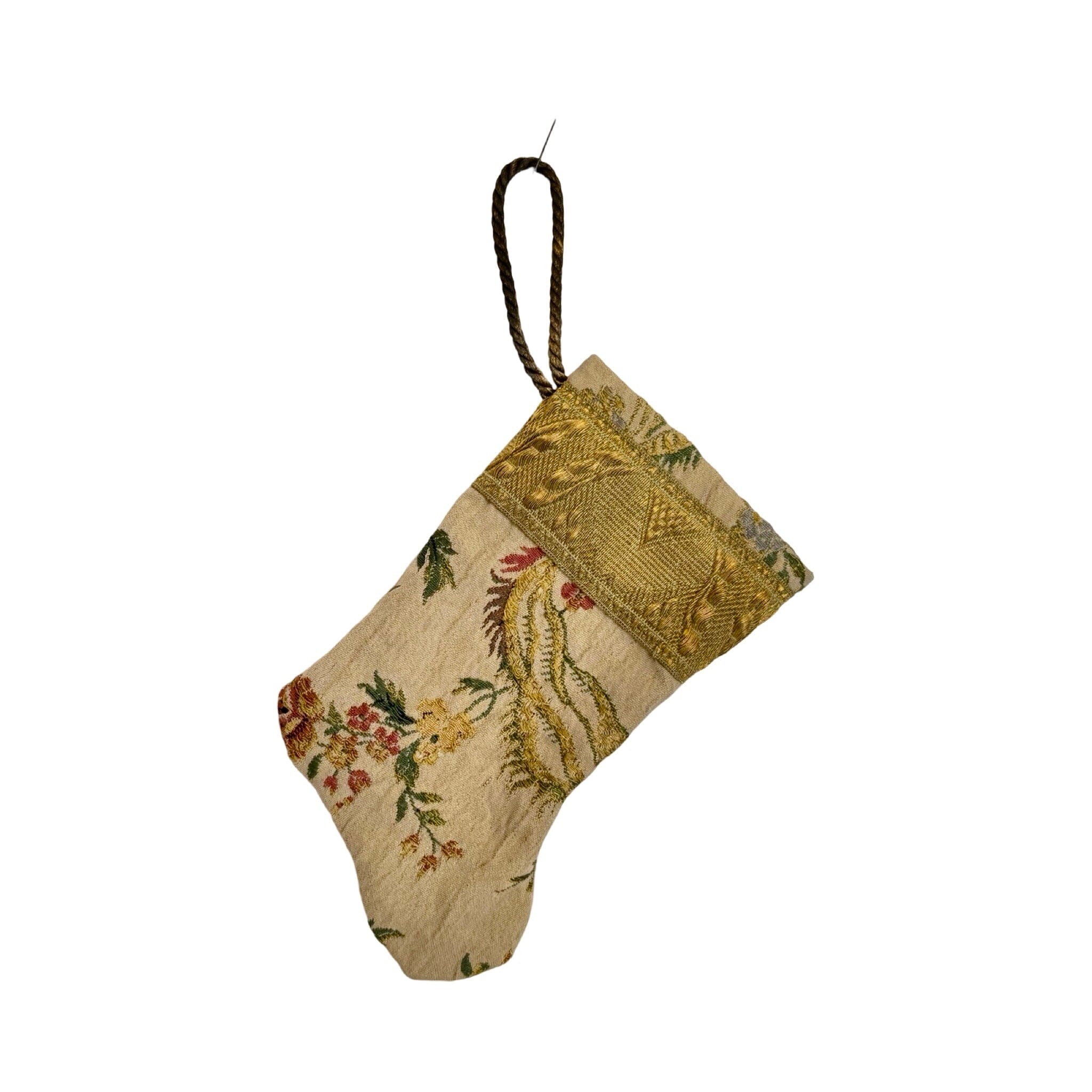 Handmade Mini Stocking Made From Vintage Fabric and Trims- Antique Sand Floral Ornament B. Viz Design D 