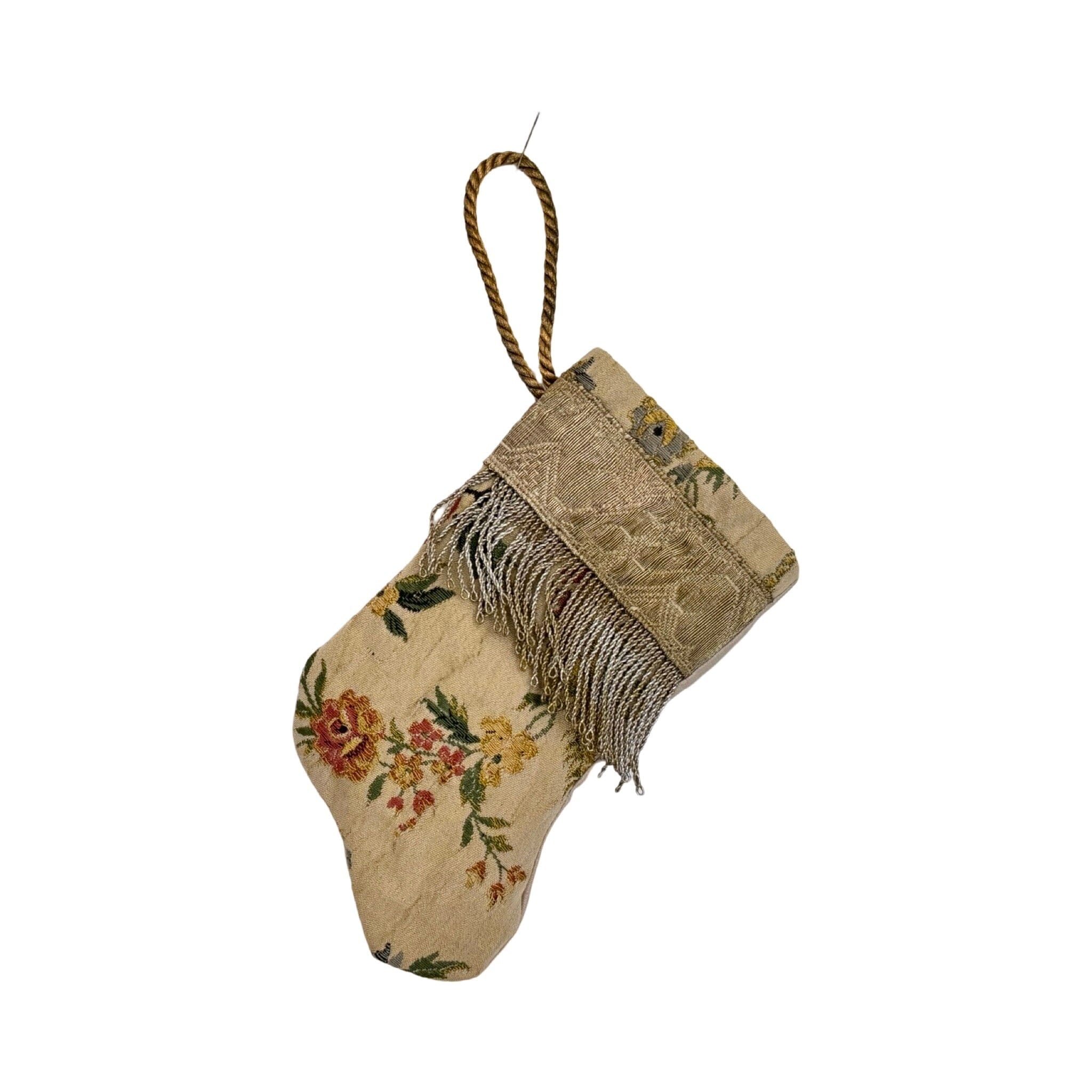 Handmade Mini Stocking Made From Vintage Fabric and Trims- Antique Sand Floral Ornament B. Viz Design E 