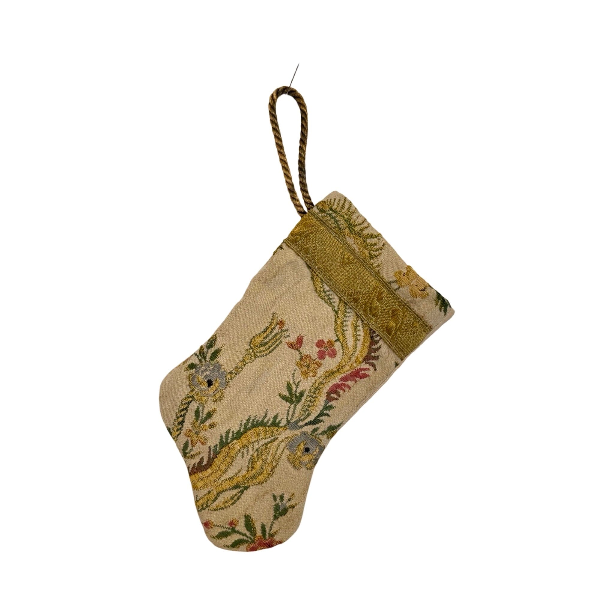 Handmade Mini Stocking Made From Vintage Fabric and Trims- Antique Sand Floral Ornament B. Viz Design F 