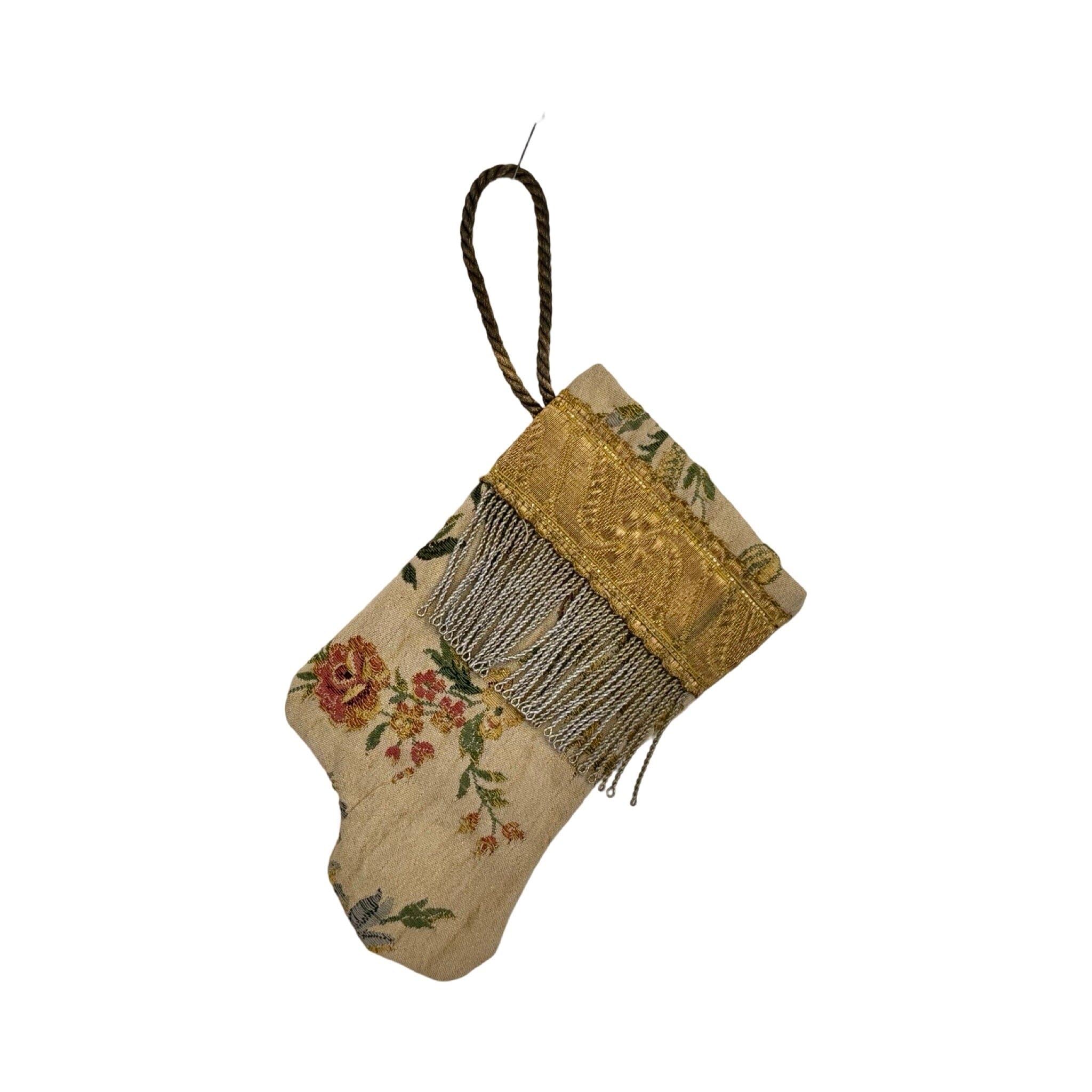 Handmade Mini Stocking Made From Vintage Fabric and Trims- Antique Sand Floral Ornament B. Viz Design G 