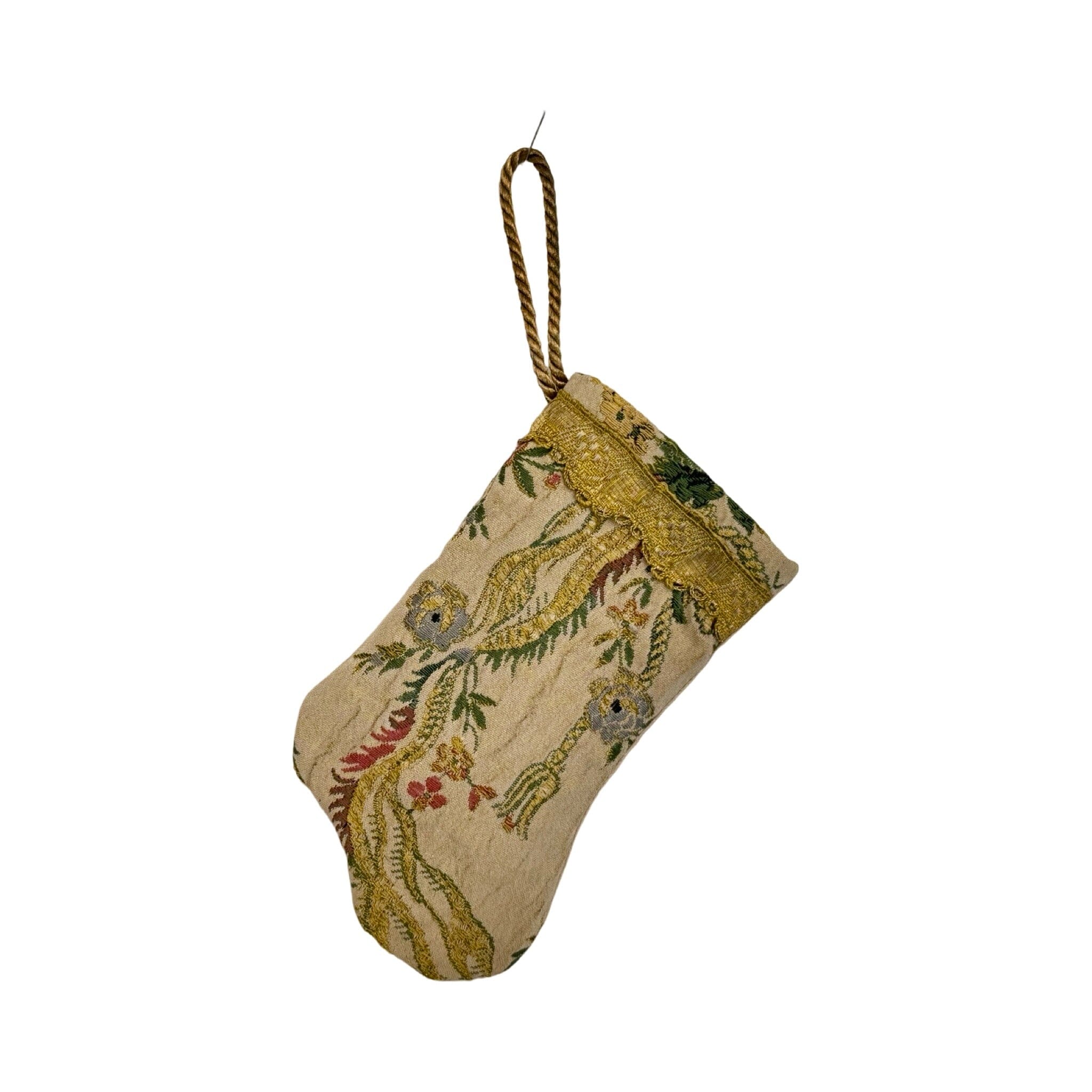 Handmade Mini Stocking Made From Vintage Fabric and Trims- Antique Sand Floral Ornament B. Viz Design H 