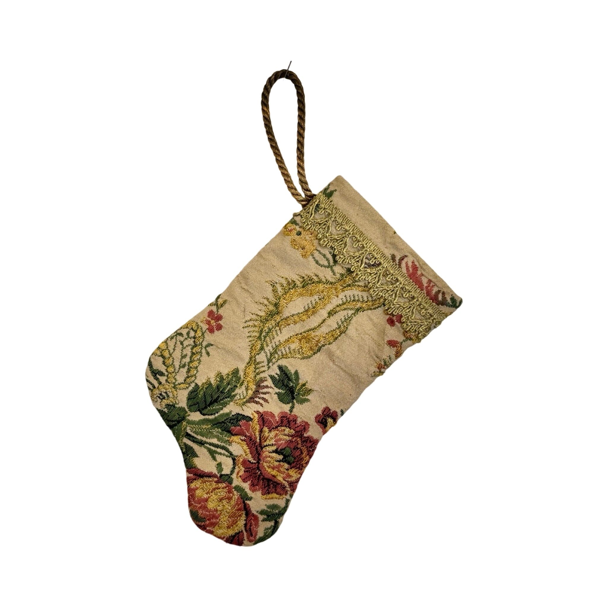Handmade Mini Stocking Made From Vintage Fabric and Trims- Antique Sand Floral Ornament B. Viz Design V 