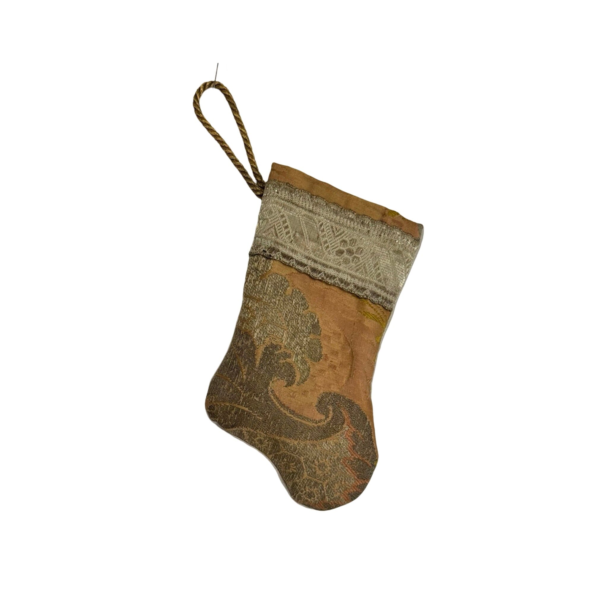Handmade Mini Stocking Made From Vintage Fabric and Trims- Bronze Blush Ornament B. Viz Design E 