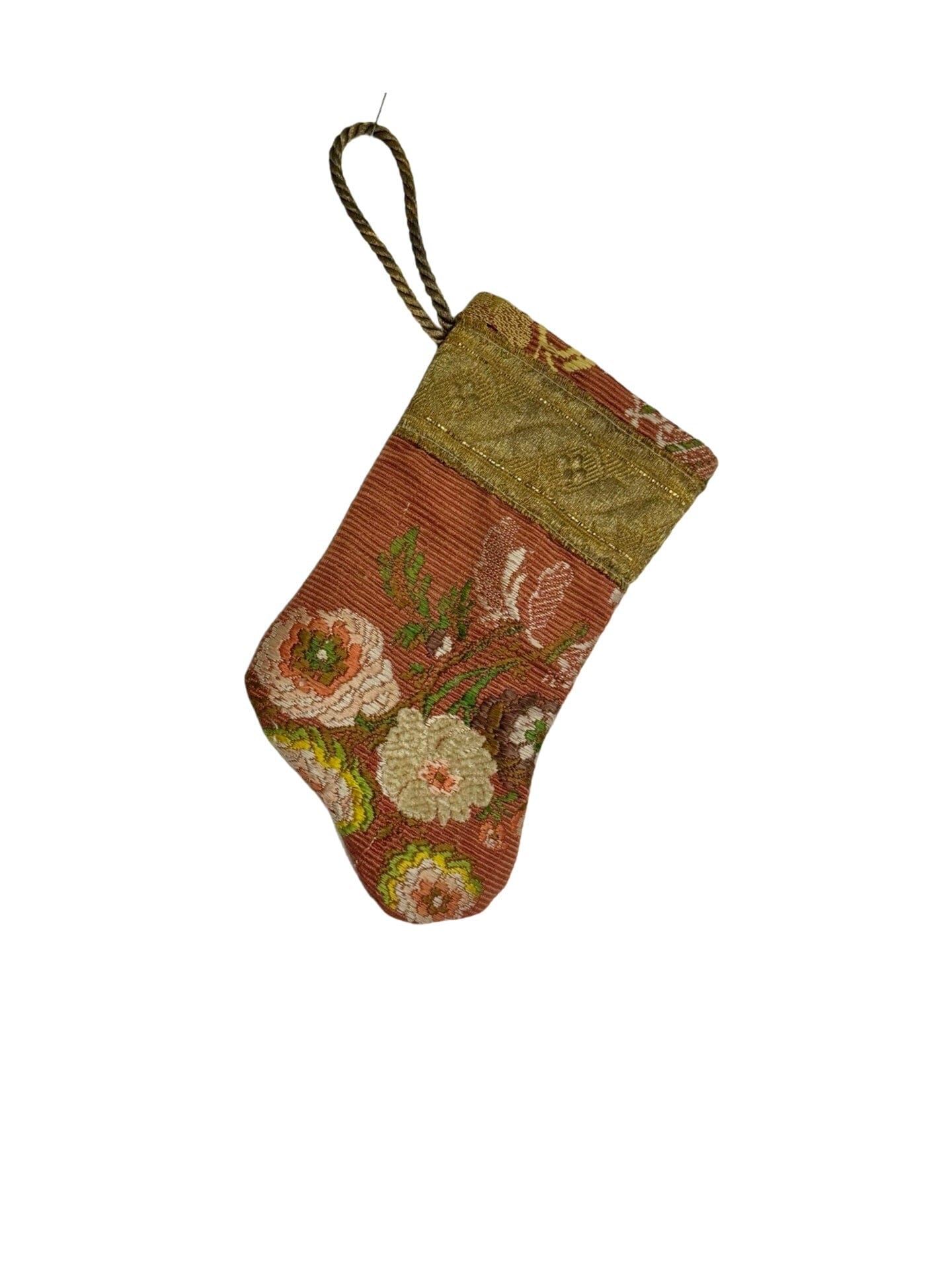 Handmade Mini Stocking Made From Vintage Fabric and Trims- Bronze Rose Floral Ornament B. Viz Design A 