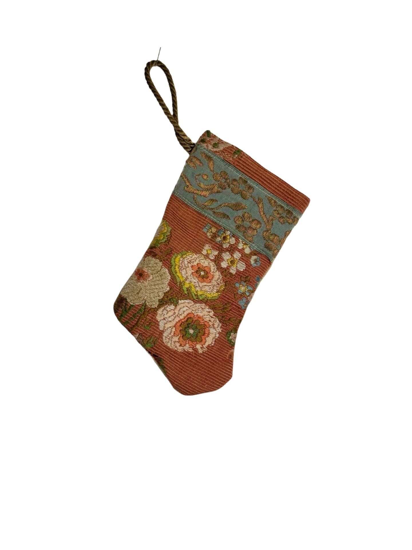 Handmade Mini Stocking Made From Vintage Fabric and Trims- Bronze Rose Floral Ornament B. Viz Design C 