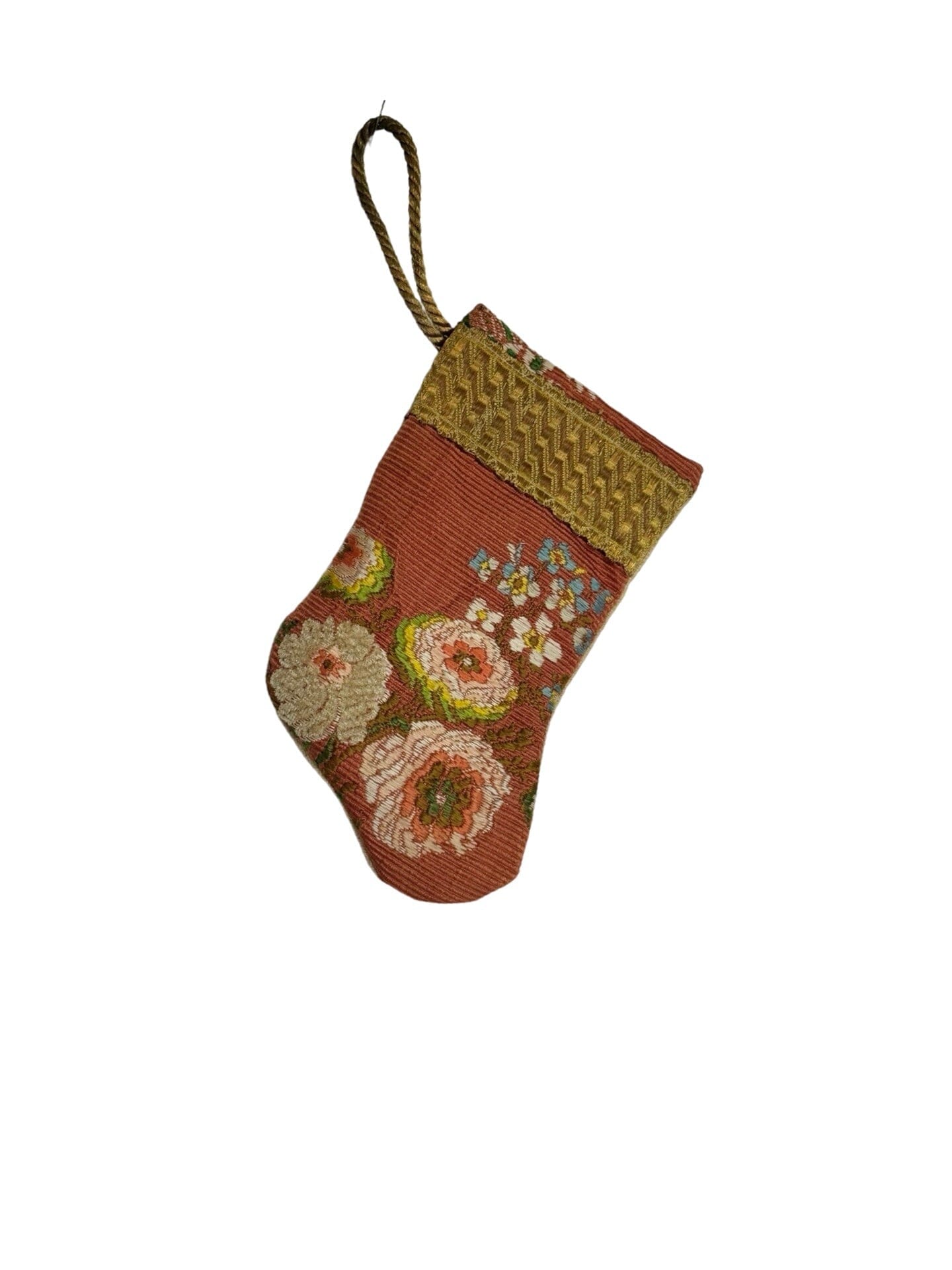 Handmade Mini Stocking Made From Vintage Fabric and Trims- Bronze Rose Floral Ornament B. Viz Design D 