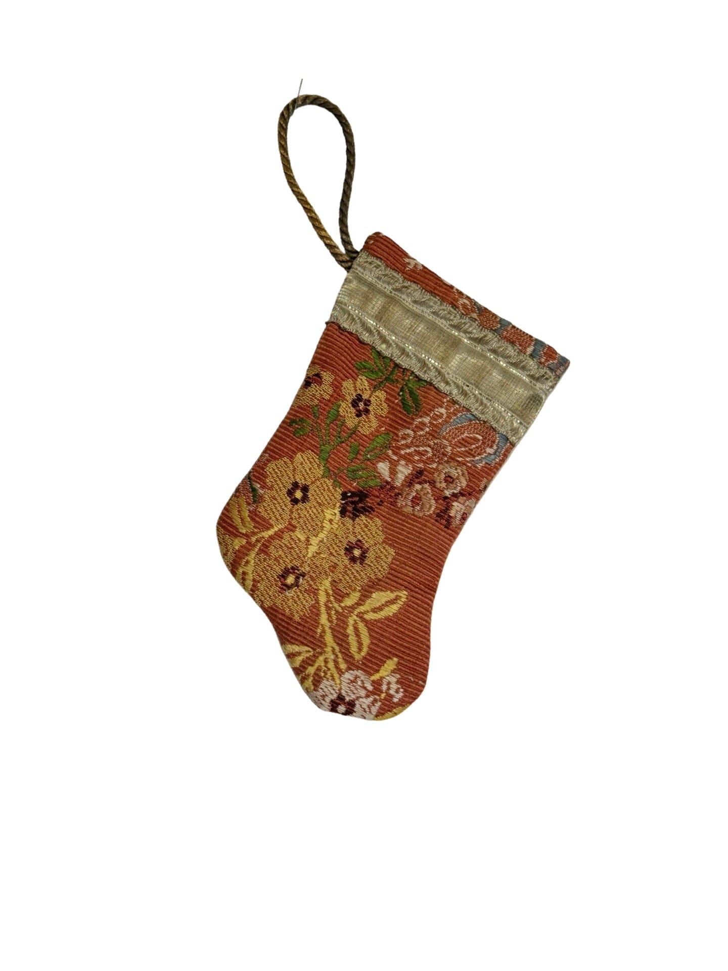 Handmade Mini Stocking Made From Vintage Fabric and Trims- Bronze Rose Floral Ornament B. Viz Design F 
