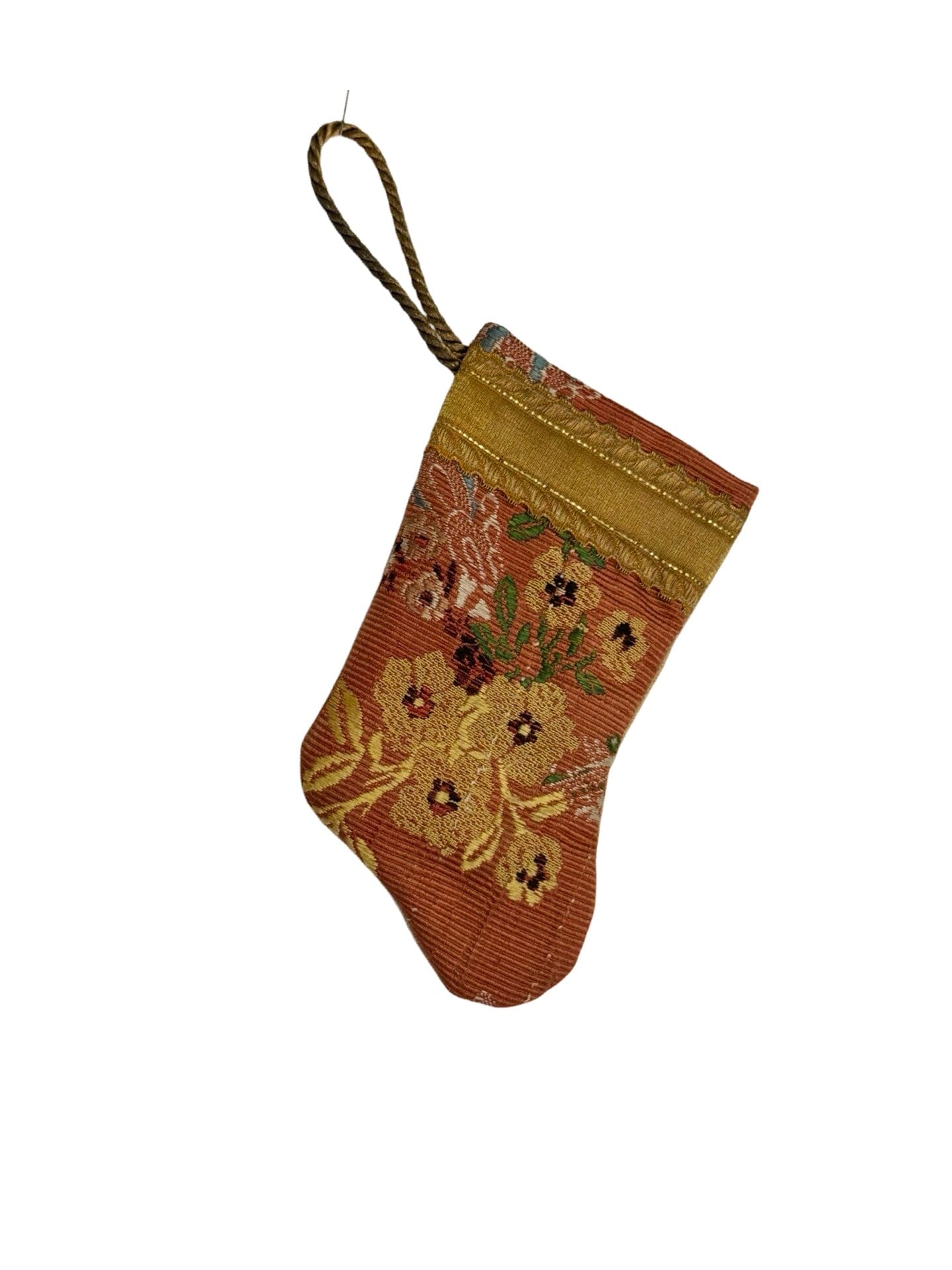 Handmade Mini Stocking Made From Vintage Fabric and Trims- Bronze Rose Floral Ornament B. Viz Design G 