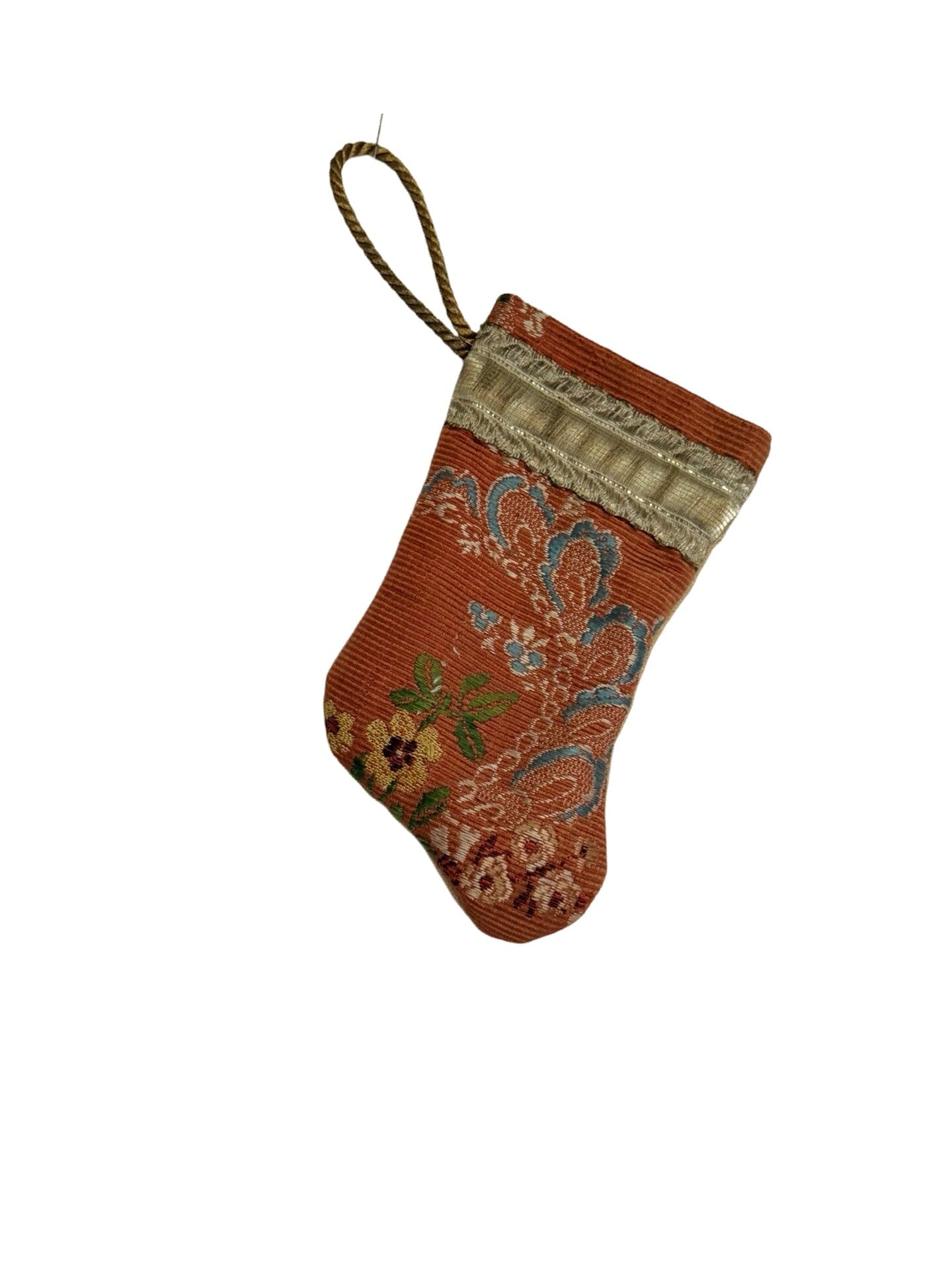Handmade Mini Stocking Made From Vintage Fabric and Trims- Bronze Rose Floral Ornament B. Viz Design H 