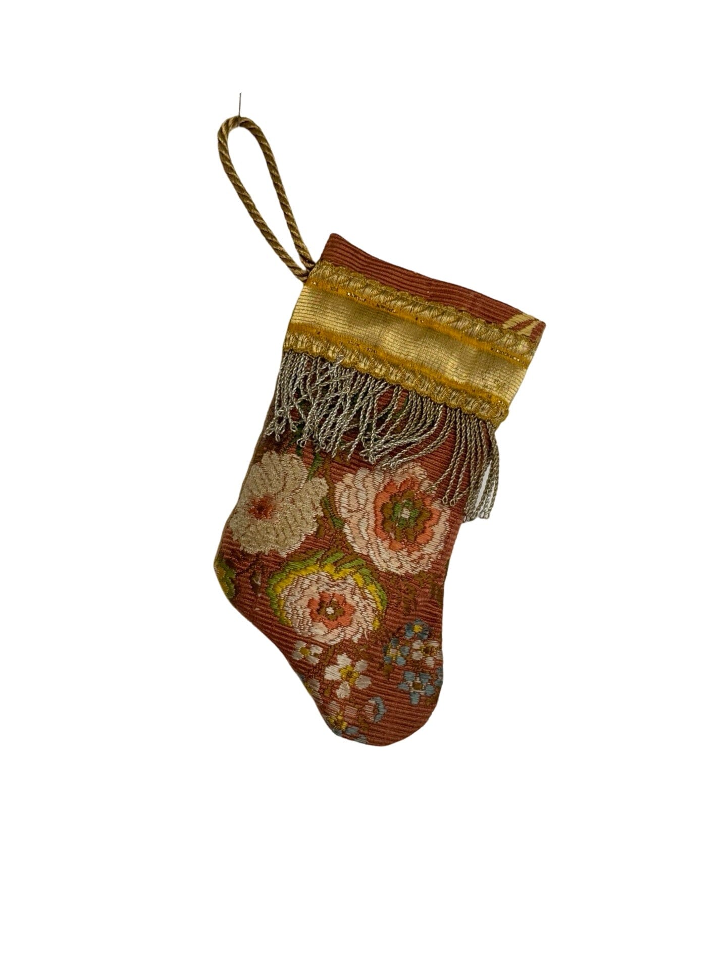 Handmade Mini Stocking Made From Vintage Fabric and Trims- Bronze Rose Floral Ornament B. Viz Design J 