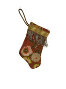 Handmade Mini Stocking Made From Vintage Fabric and Trims- Bronze Rose Floral Ornament B. Viz Design K 