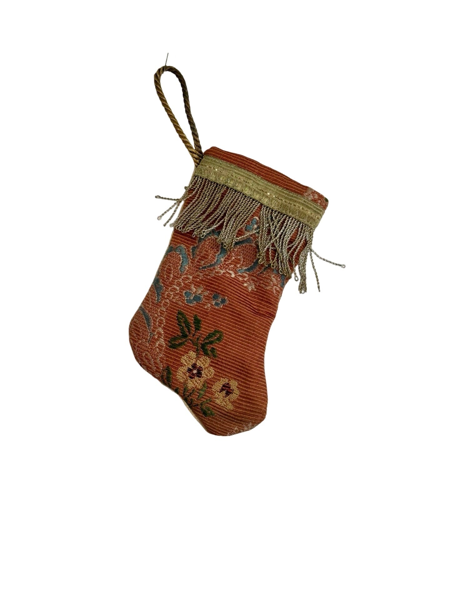 Handmade Mini Stocking Made From Vintage Fabric and Trims- Bronze Rose Floral Ornament B. Viz Design L 