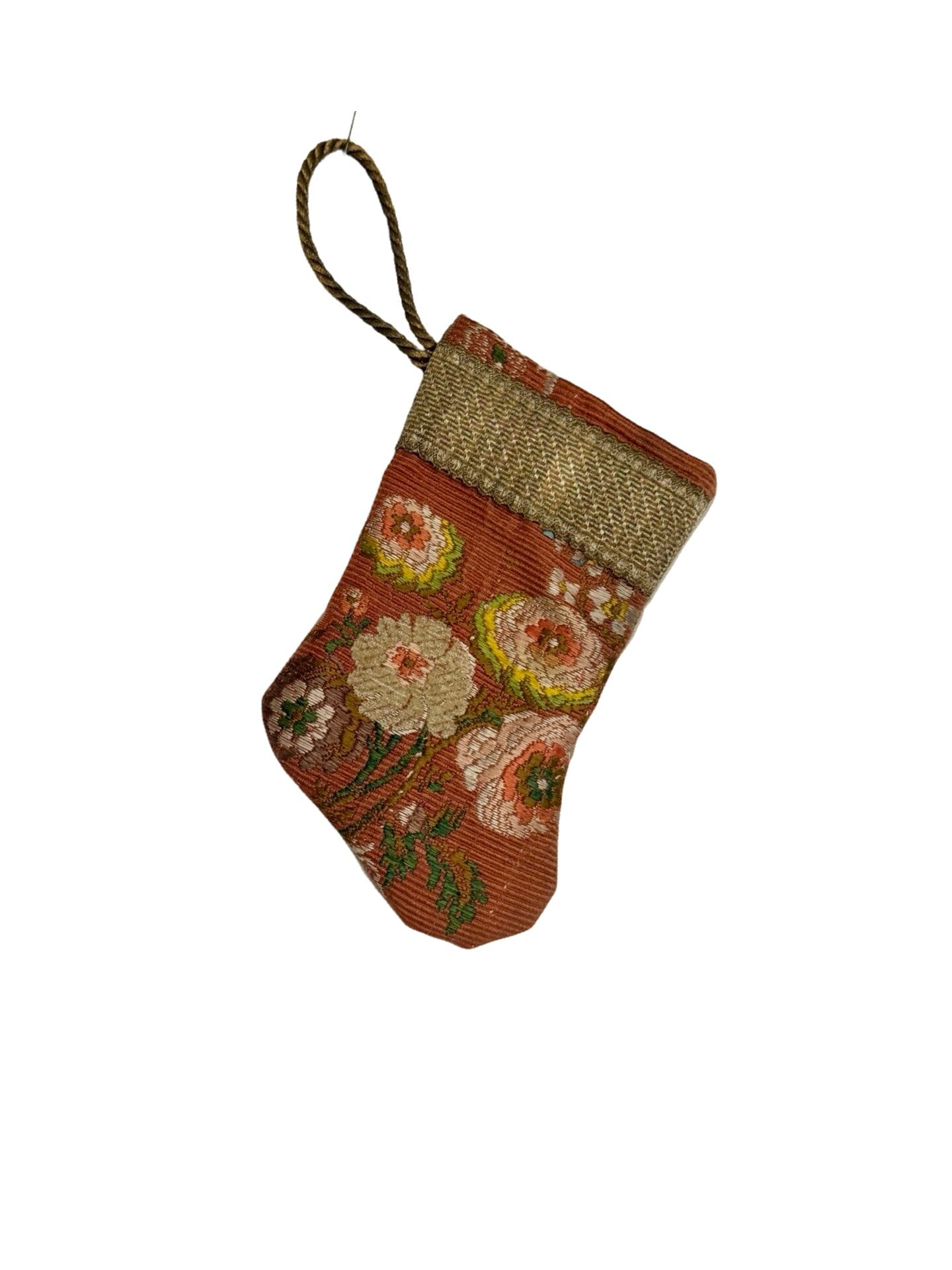 Handmade Mini Stocking Made From Vintage Fabric and Trims- Bronze Rose Floral Ornament B. Viz Design M 