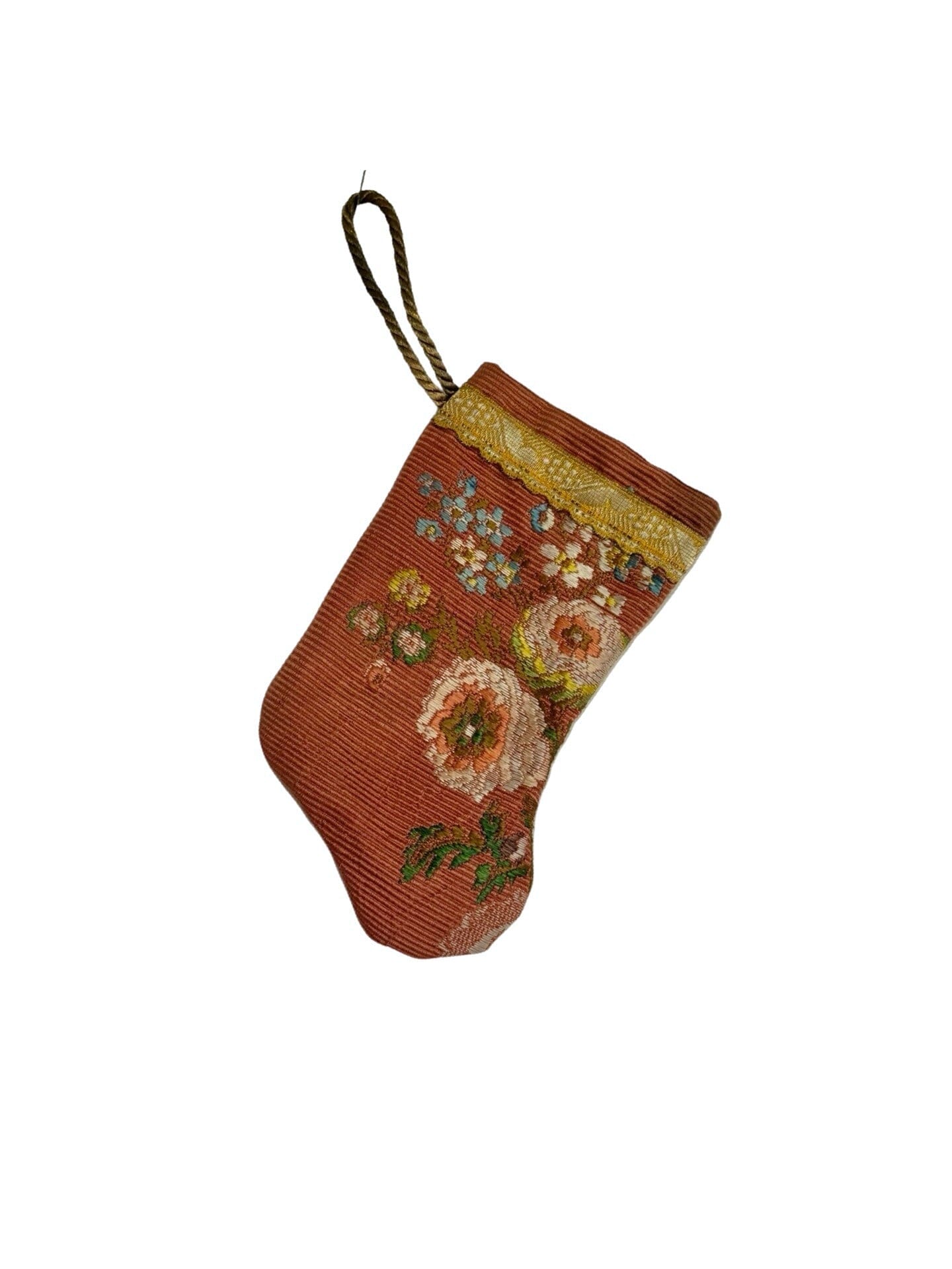 Handmade Mini Stocking Made From Vintage Fabric and Trims- Bronze Rose Floral Ornament B. Viz Design N 