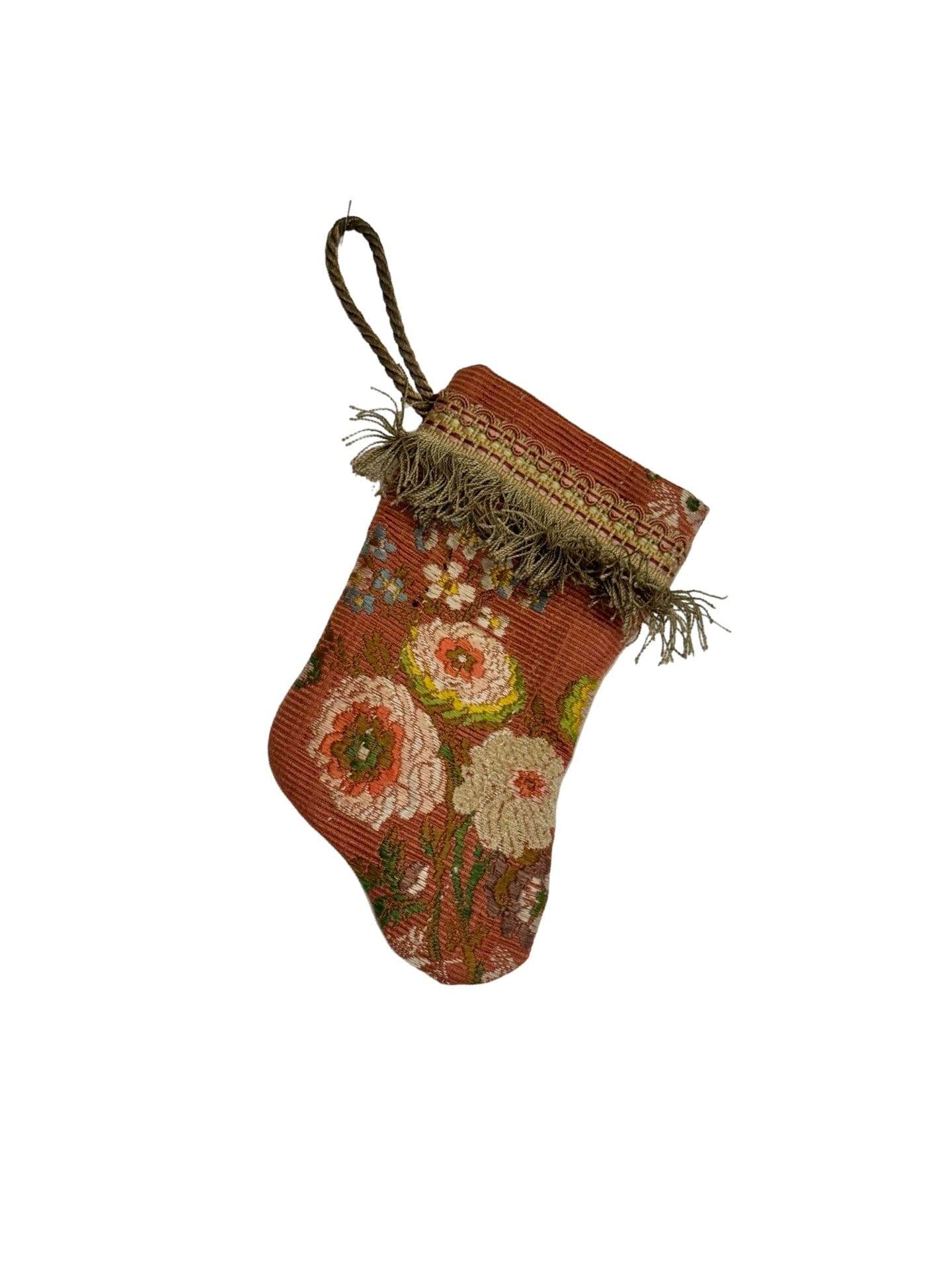 Handmade Mini Stocking Made From Vintage Fabric and Trims- Bronze Rose Floral Ornament B. Viz Design O 