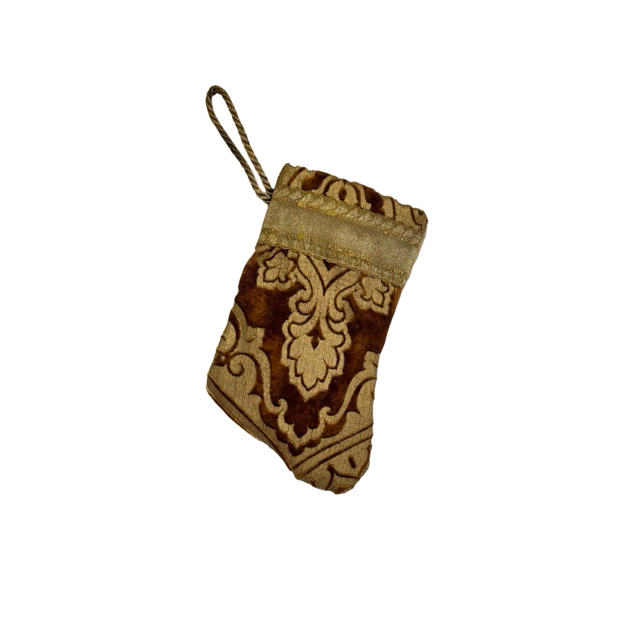 Handmade Mini Stocking Made From Vintage Fabric and Trims- Brown and Gold Ornament B. Viz Design A 