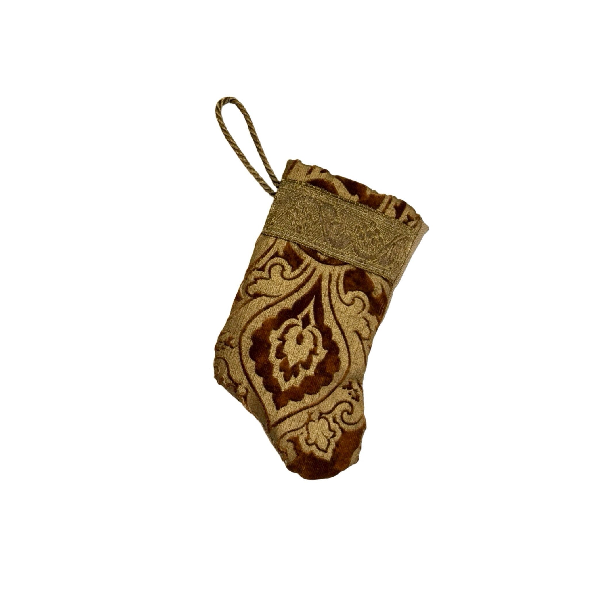 Handmade Mini Stocking Made From Vintage Fabric and Trims- Brown and Gold Ornament B. Viz Design B 