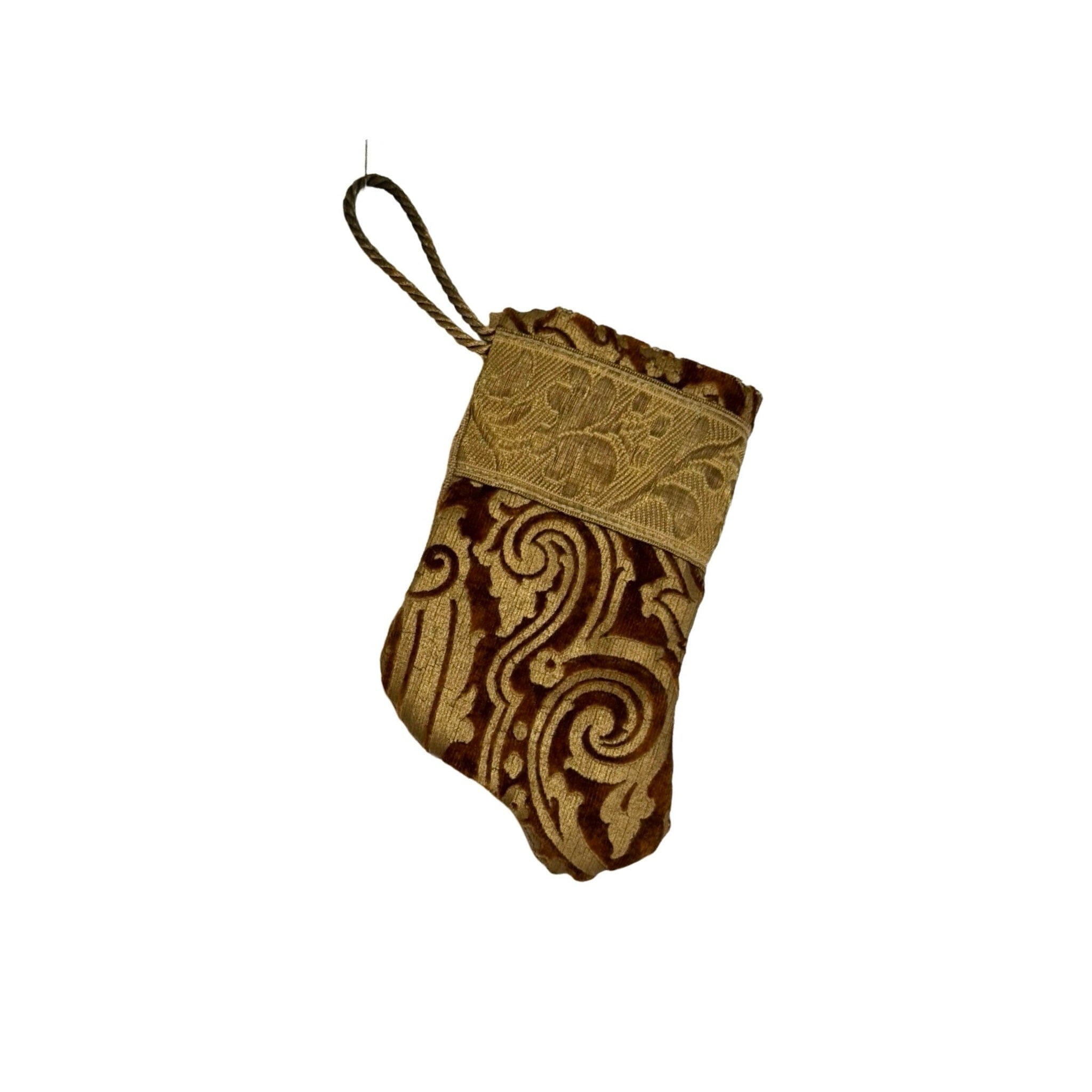 Handmade Mini Stocking Made From Vintage Fabric and Trims- Brown and Gold Ornament B. Viz Design C 