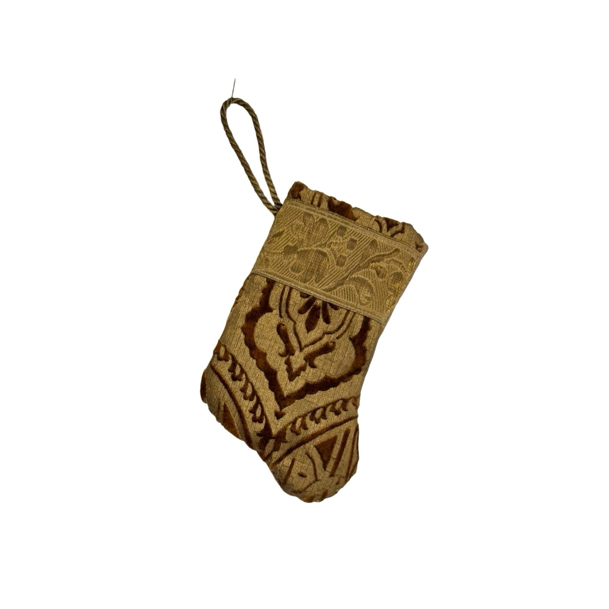 Handmade Mini Stocking Made From Vintage Fabric and Trims- Brown and Gold Ornament B. Viz Design D 