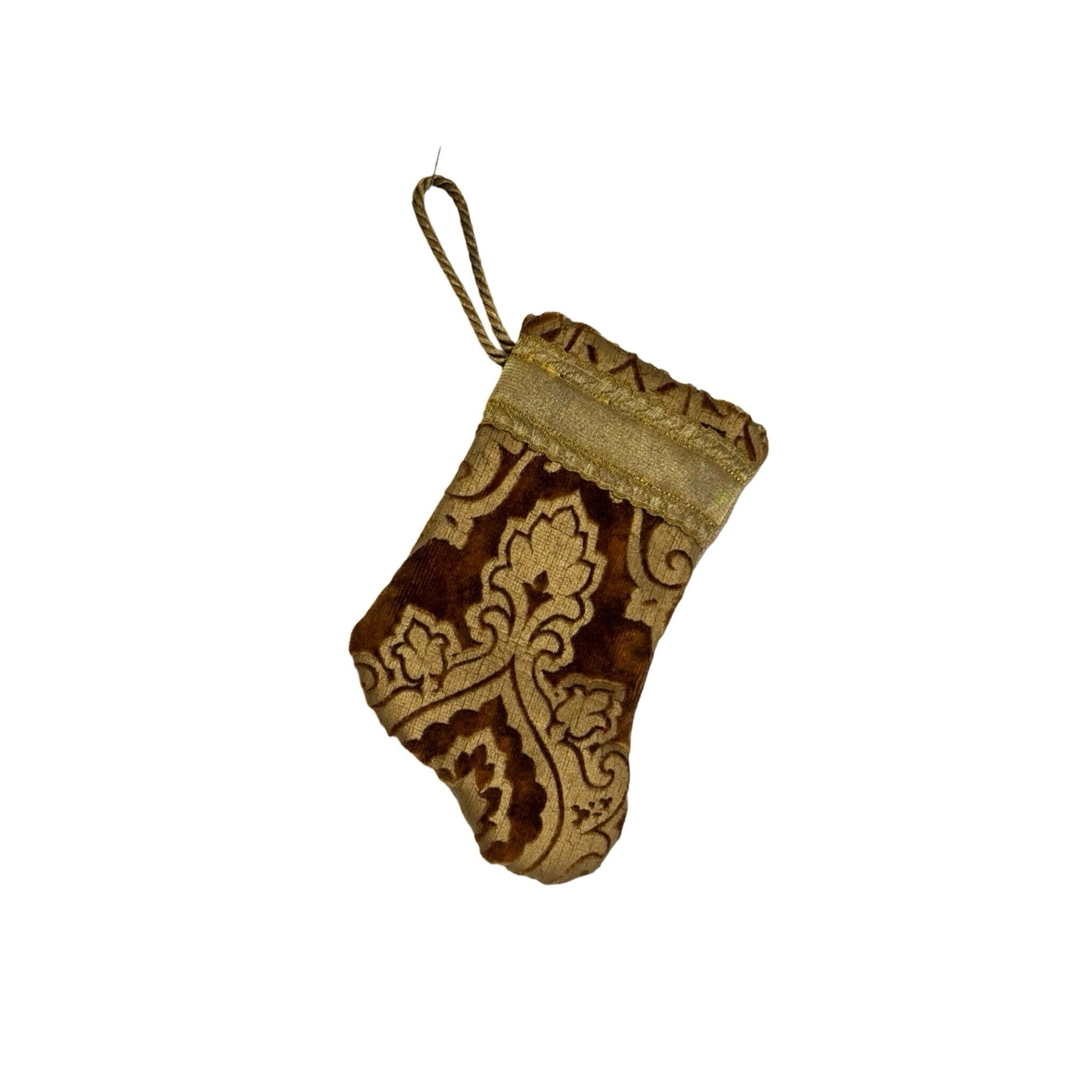 Handmade Mini Stocking Made From Vintage Fabric and Trims- Brown and Gold Ornament B. Viz Design E 