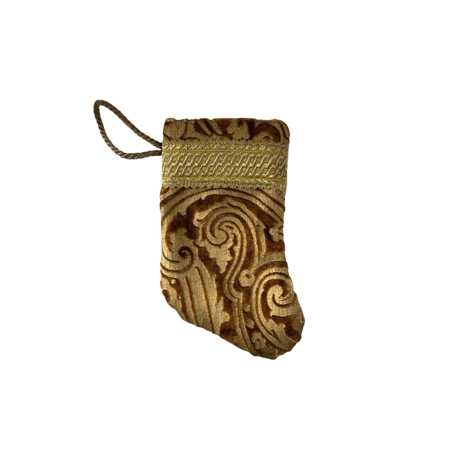 Handmade Mini Stocking Made From Vintage Fabric and Trims- Brown and Gold Ornament B. Viz Design F 