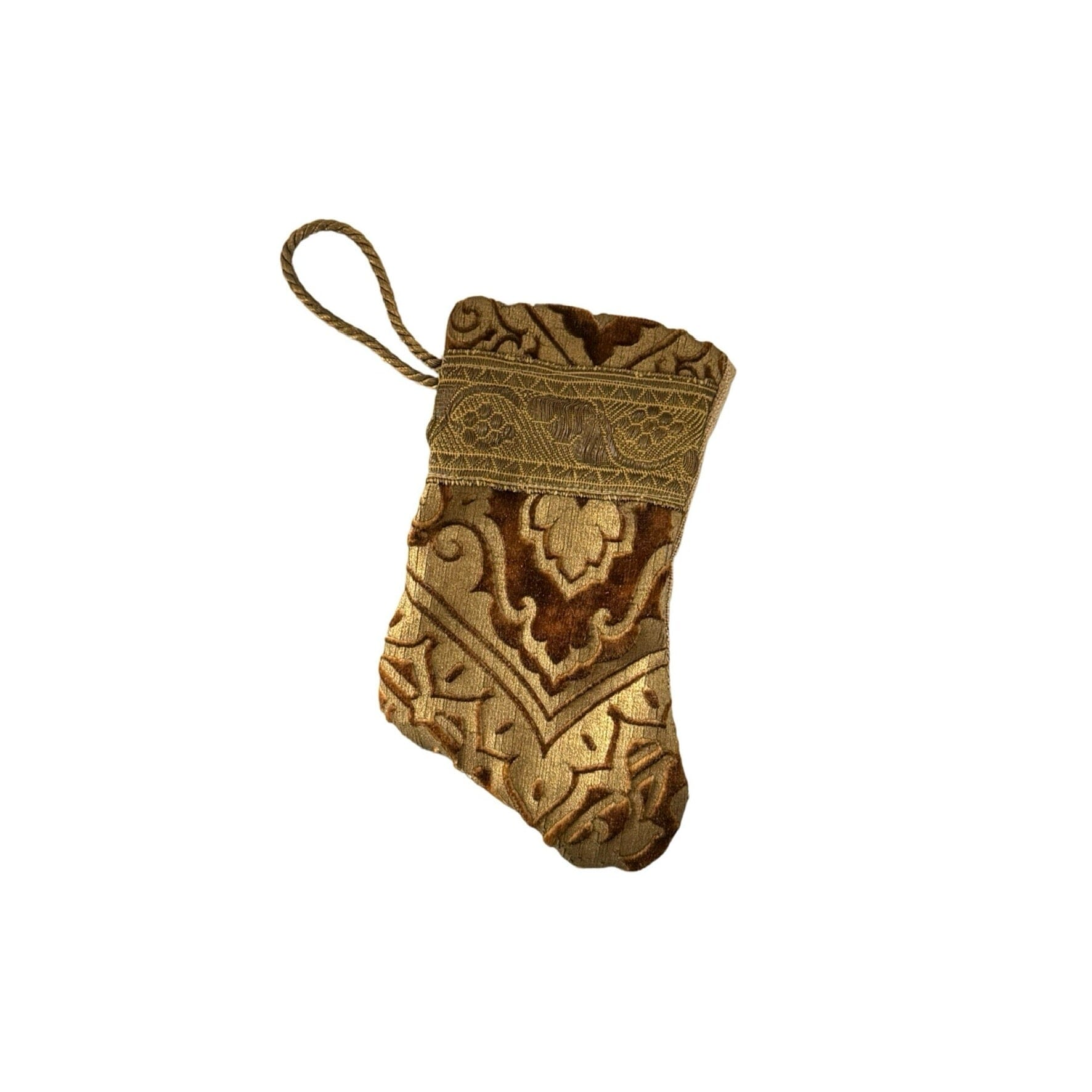 Handmade Mini Stocking Made From Vintage Fabric and Trims- Brown and Gold Ornament B. Viz Design G 