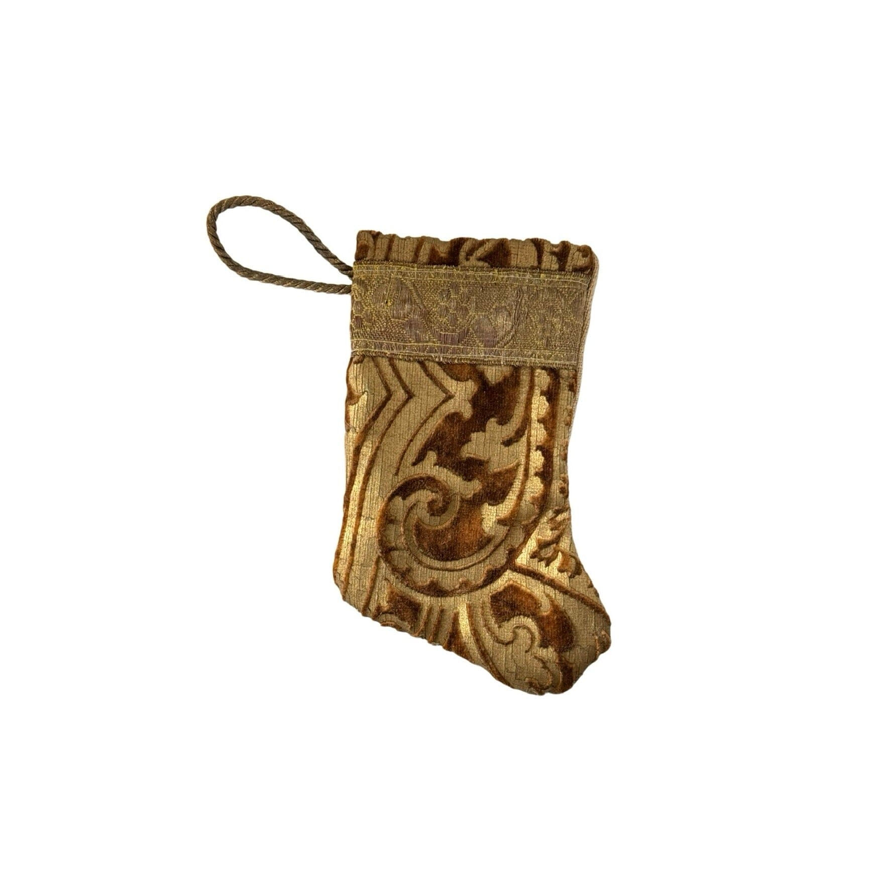 Handmade Mini Stocking Made From Vintage Fabric and Trims- Brown and Gold Ornament B. Viz Design H 
