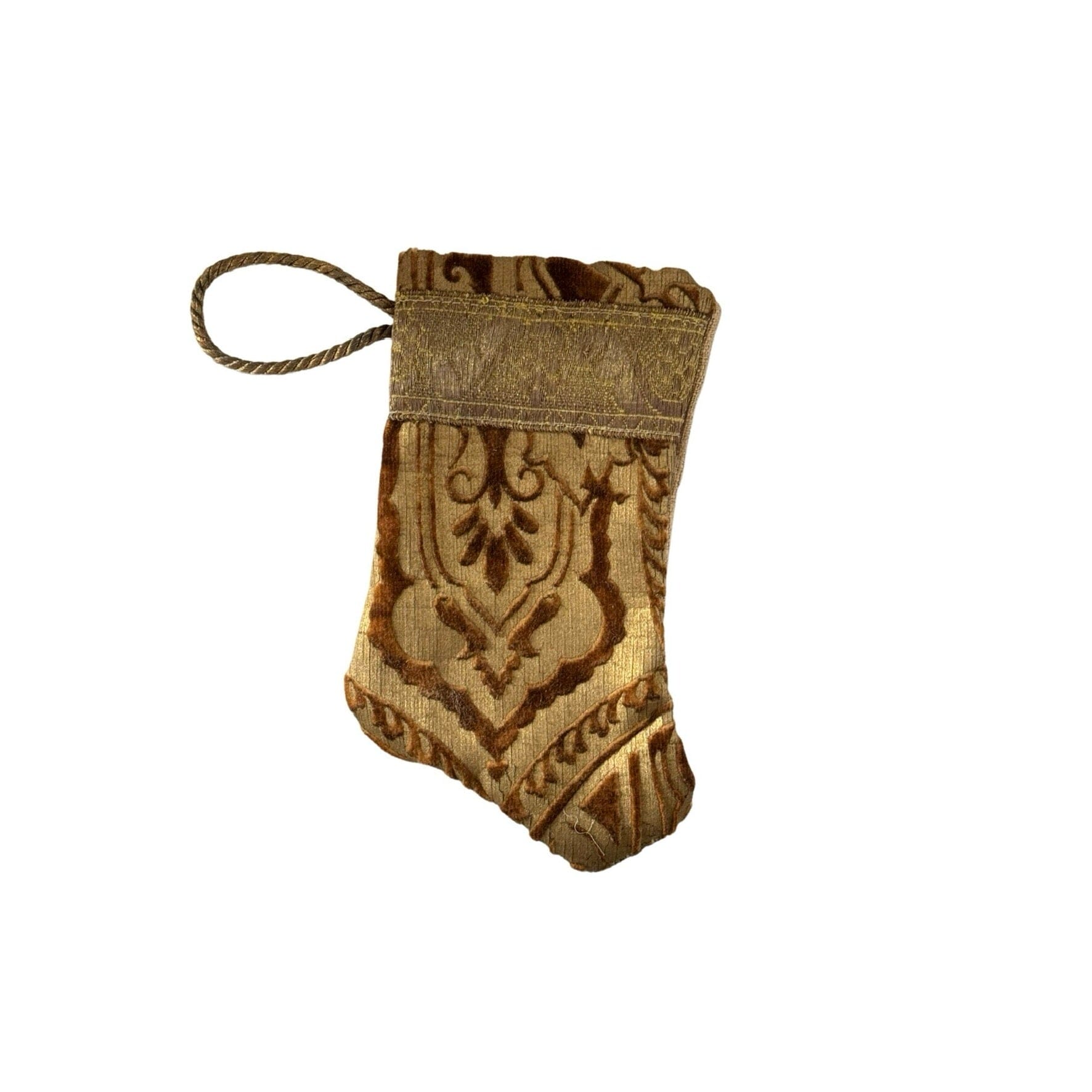 Handmade Mini Stocking Made From Vintage Fabric and Trims- Brown and Gold Ornament B. Viz Design I 