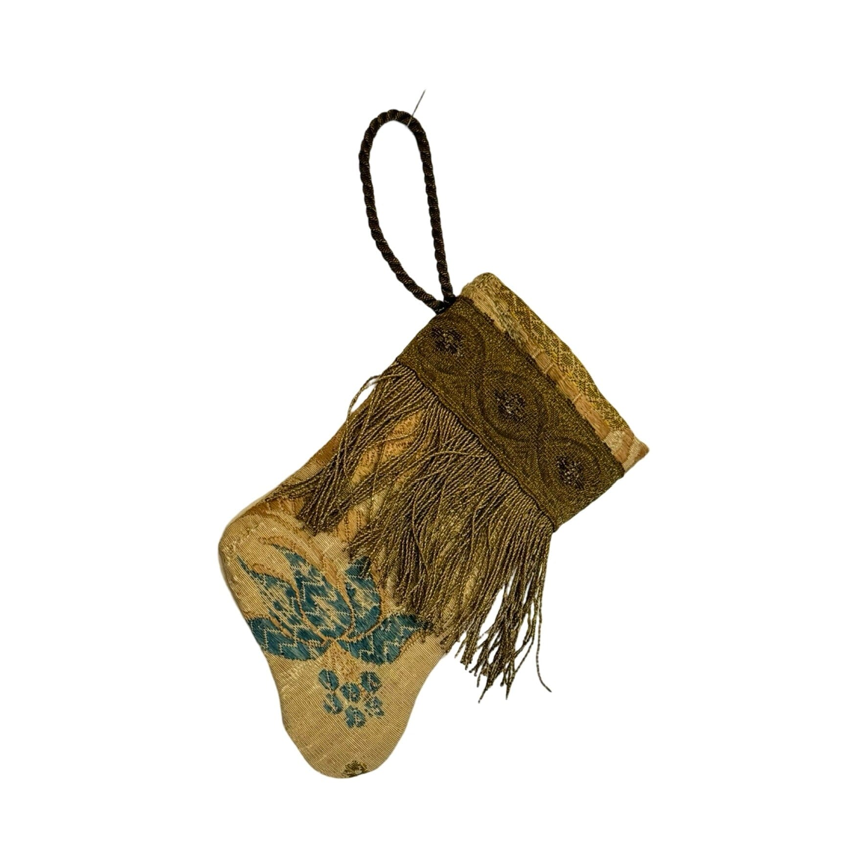 Handmade Mini Stocking Made From Vintage Fabric and Trims- Champagne Embroidery Ornament B. Viz Design A 