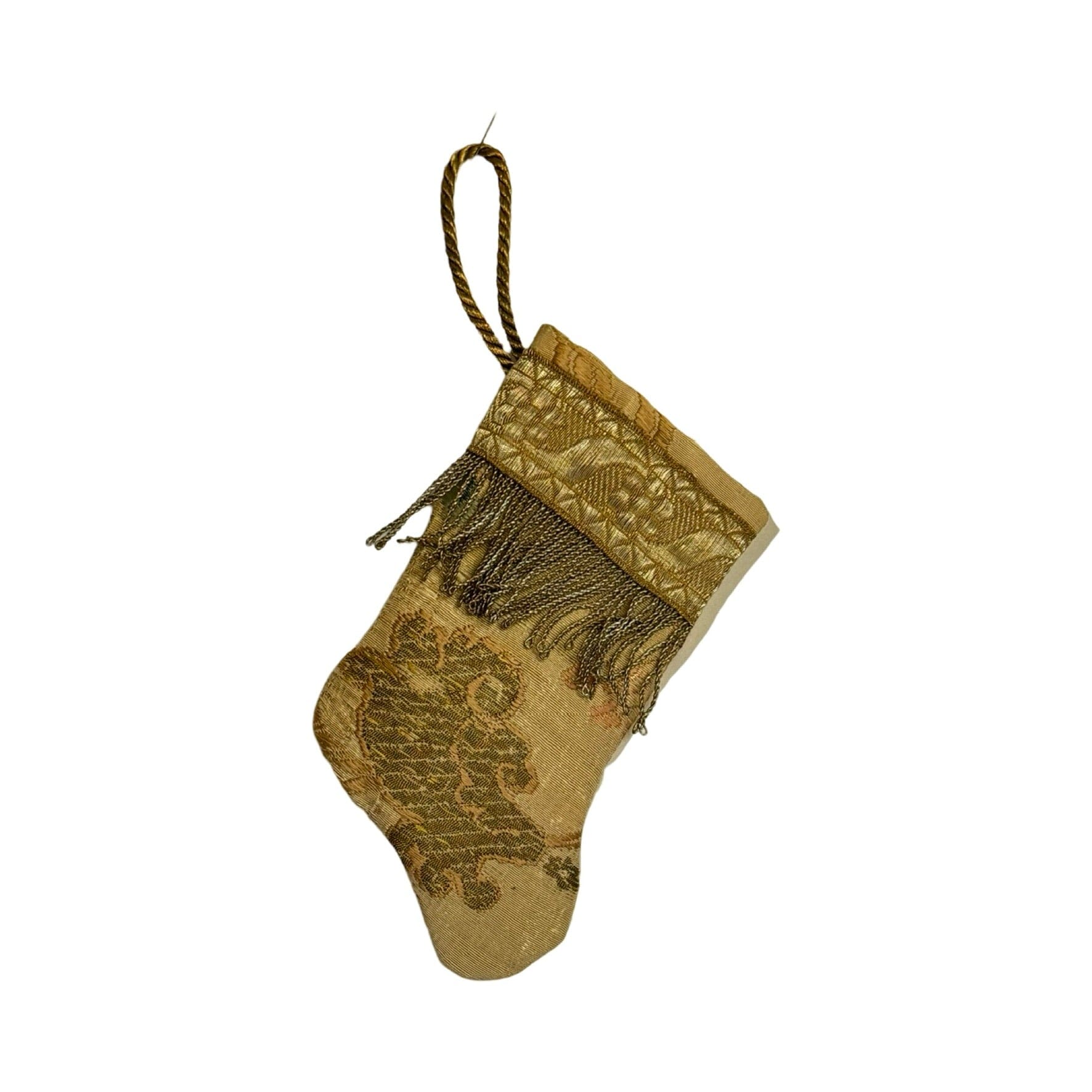 Handmade Mini Stocking Made From Vintage Fabric and Trims- Champagne Embroidery Ornament B. Viz Design C 
