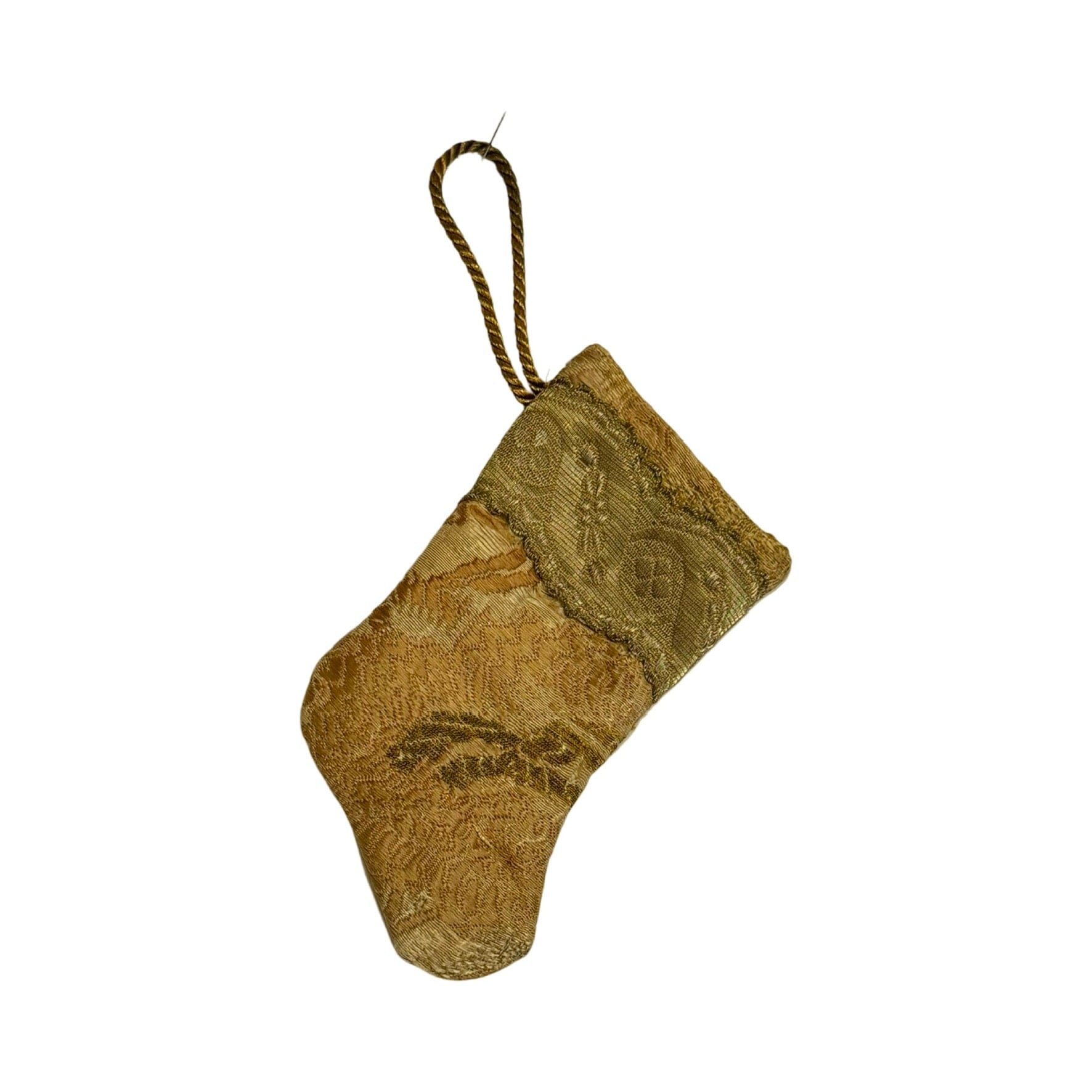 Handmade Mini Stocking Made From Vintage Fabric and Trims- Champagne Embroidery Ornament B. Viz Design D 