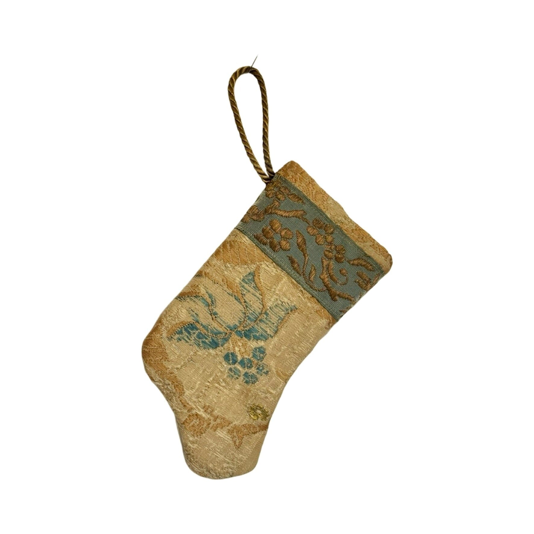 Handmade Mini Stocking Made From Vintage Fabric and Trims- Champagne Embroidery Ornament B. Viz Design H 
