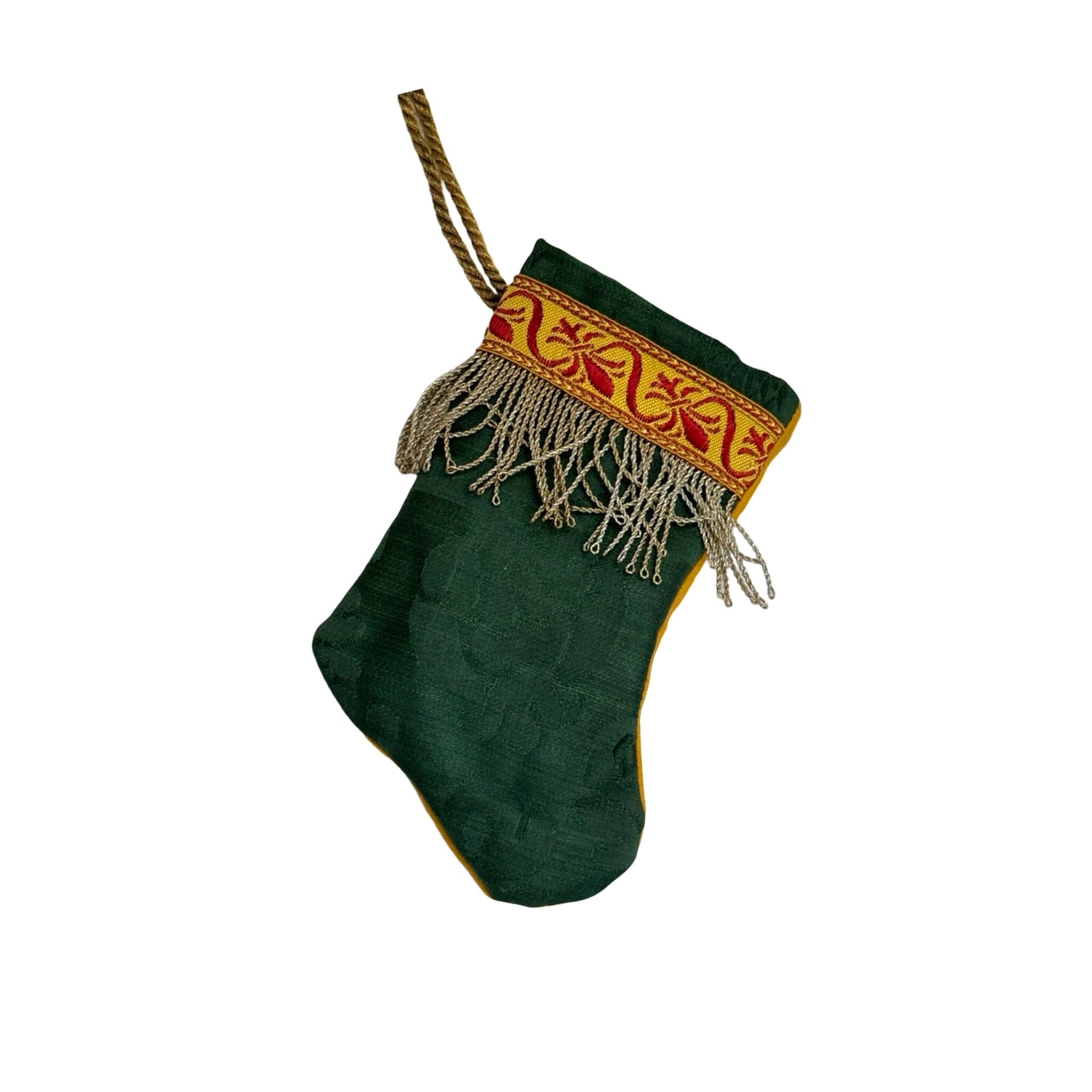 Handmade Mini Stocking Made From Vintage Fabric and Trims- Emerald Green Ornament B. Viz Design A 