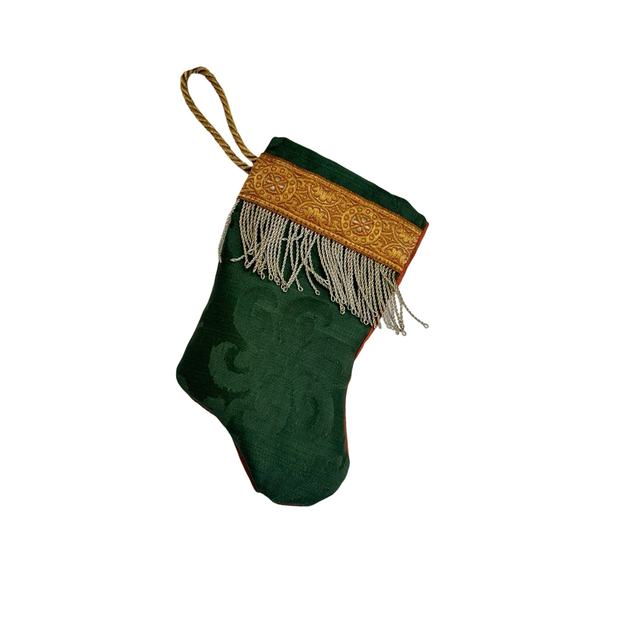 Handmade Mini Stocking Made From Vintage Fabric and Trims- Emerald Green Ornament B. Viz Design B 