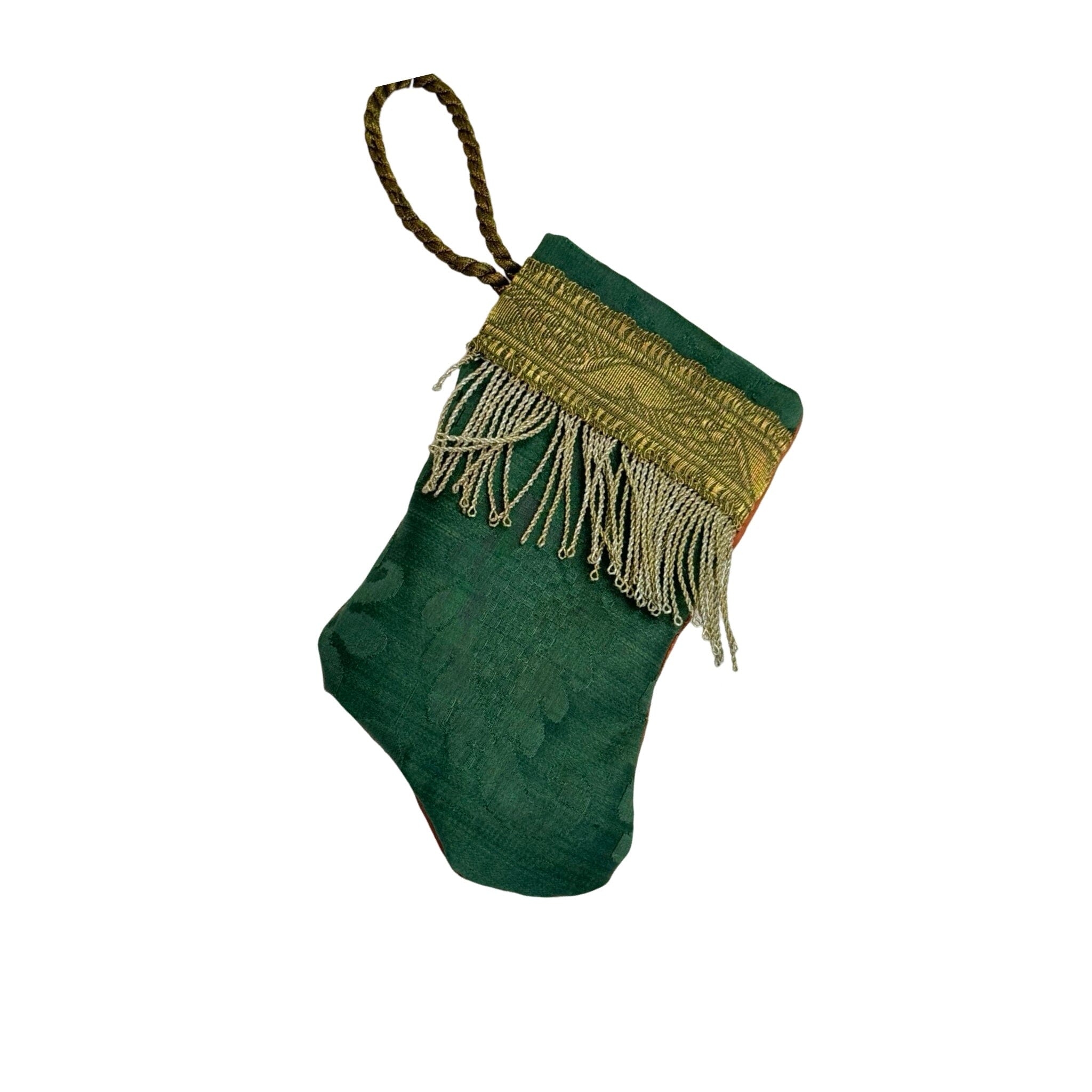 Handmade Mini Stocking Made From Vintage Fabric and Trims- Emerald Green Ornament B. Viz Design D 