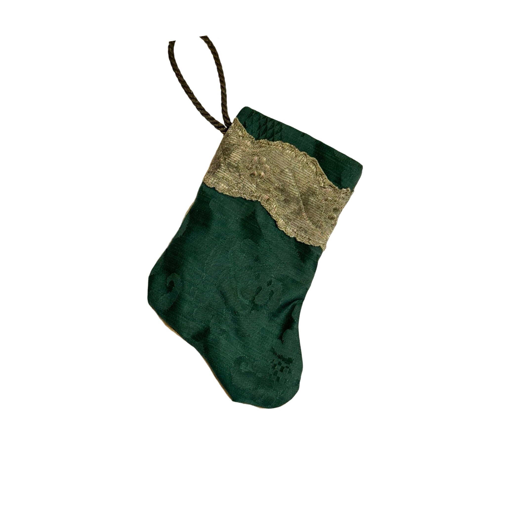 Handmade Mini Stocking Made From Vintage Fabric and Trims- Emerald Green Ornament B. Viz Design E 