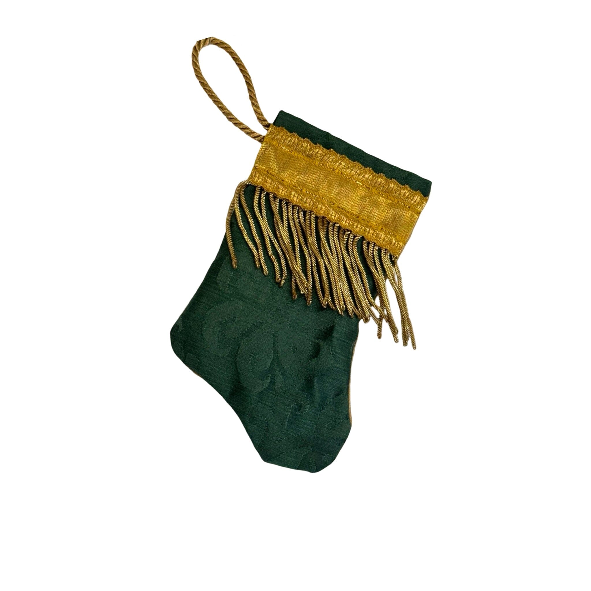 Handmade Mini Stocking Made From Vintage Fabric and Trims- Emerald Green Ornament B. Viz Design F 