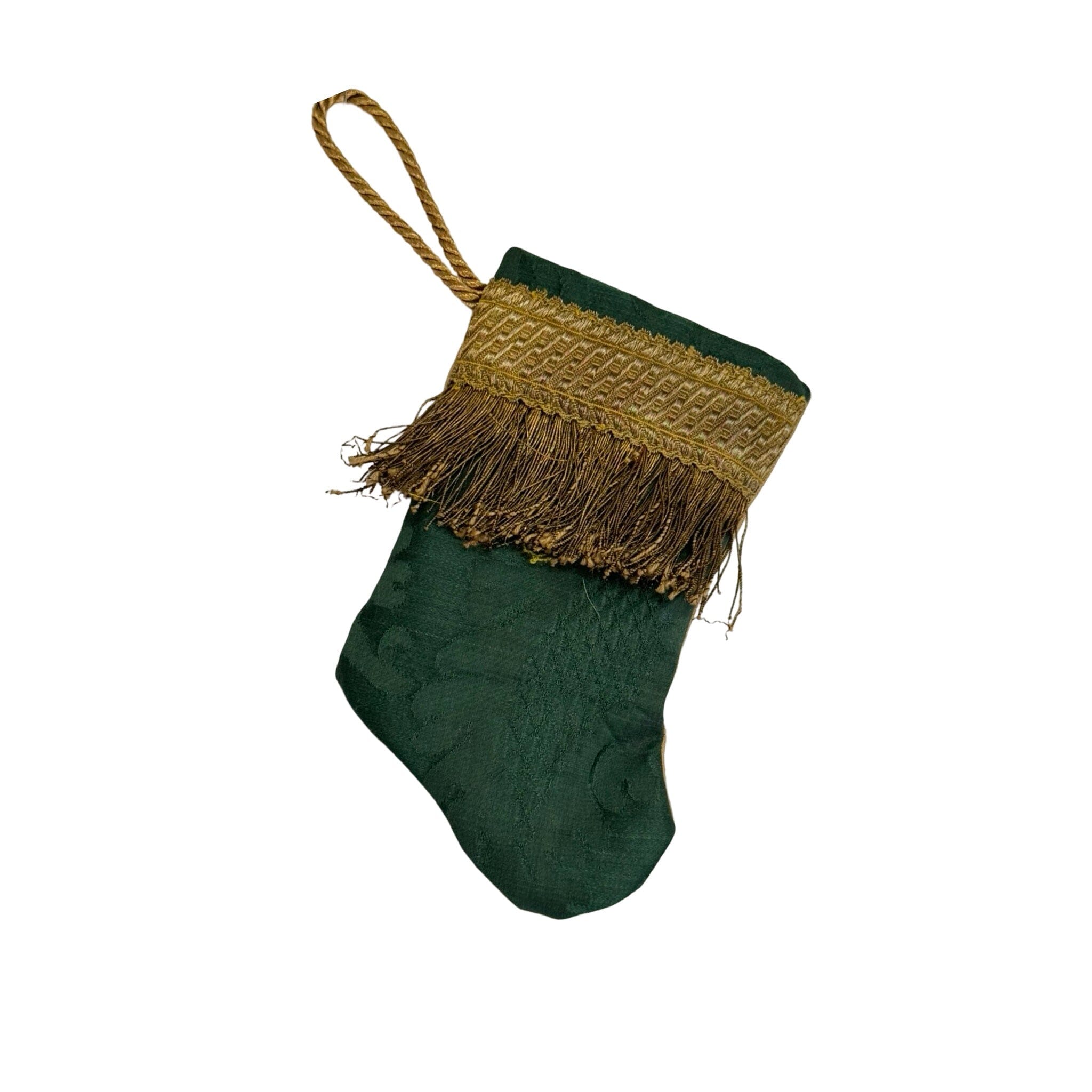 Handmade Mini Stocking Made From Vintage Fabric and Trims- Emerald Green Ornament B. Viz Design G 