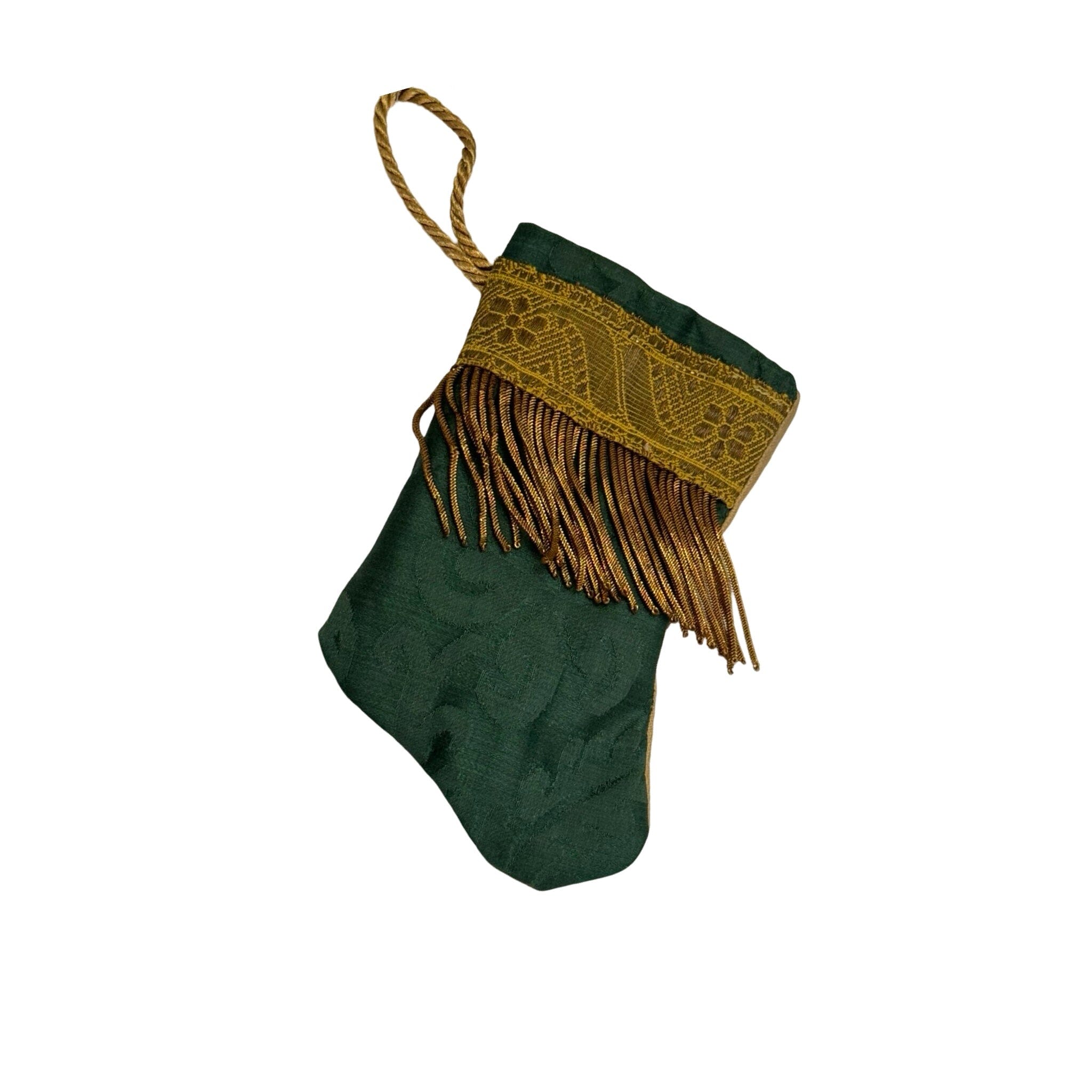 Handmade Mini Stocking Made From Vintage Fabric and Trims- Emerald Green Ornament B. Viz Design H 