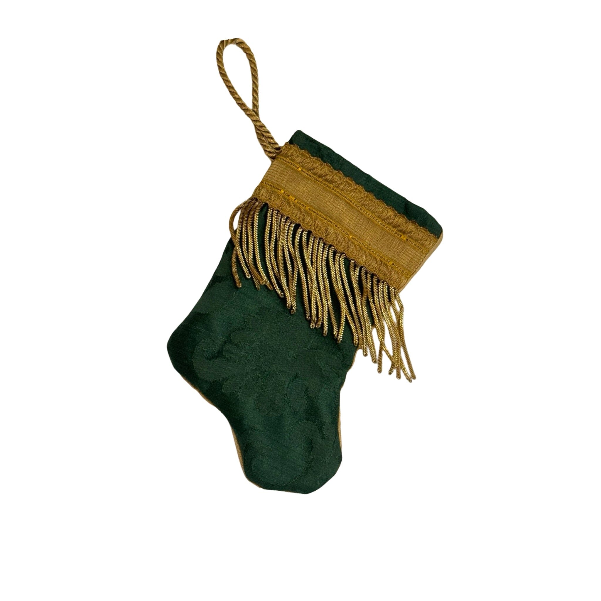 Handmade Mini Stocking Made From Vintage Fabric and Trims- Emerald Green Ornament B. Viz Design I 